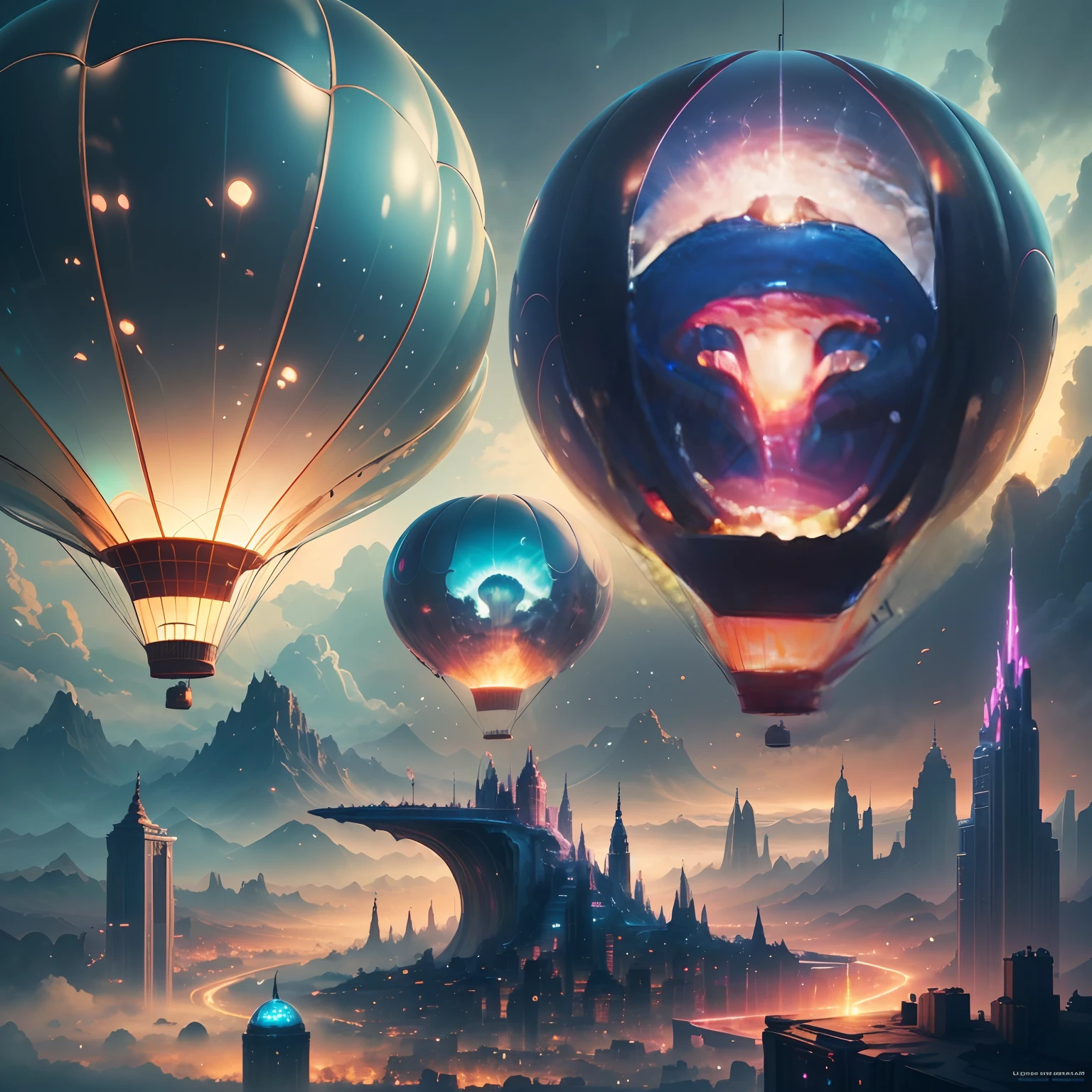 The transparent and ethereal hot air balloon glows blue，Futuristic hot air balloon in the shape of a jellyfish，blueglow，In a stunning fantasy world, A hot air balloon over a futuristic city，(Extremely detailed CG unified wallpaper), Abstract stylized beauty,surrealism, Super detail, Best quality, Award-Awarded, Anatomically correct, 16k, Super detail，Epic futuristic science fiction，8K highly detailed digital art, Amazing wallpapers, epic fantasy sci fi illustration, 8K high quality detailed art, colorful concept art, Cute, detailed fantasy digital art, colorfull digital fantasy art, 8K highly detailed digital art, Detailed digital 3D fantasy art, surreal concept art, whimsical fantasy landscape art, fantasy cityscape