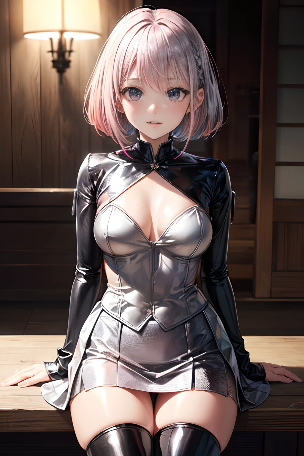 ((The costume is made of metal:1.5)), ((In Kyoto Animation Style)), super precision, ​masterpiece, very extremely beautiful, Princess Face, ((1 girl)), ((Solo:1.5)), ((Pink hair:1.5)), ((BobKat 1.5)), BREAK, ((Black eyes)),  Latex, Short hair, ((Straight hair)), BREAK, ((The costume is silver:1.5)), BREAK, ((Taimanin suit:1.5)), ((Black Leotard)), (elbow groves), (Thigh boots), Professional Lighting, (25-years old), Narrow waist, Shiny skin, ((Oiled skin)), glistning skin, Looking at Viewer, Cowboy Shot, Dynamic Pose, is looking at the camera, inside in room, Sexy, A slight smil, Slightly open mouth, ((Cute)), ((Silver costume:1.5)), (Metal breastplate), sitting on, ((Hands behind your back)), Ultra-fine eyes, Ultra-fine face, ((skirt by the:1.5)), ((thin lips:1.5)), Sexy, ((drooping eyes)), ((slightly larger chest)),