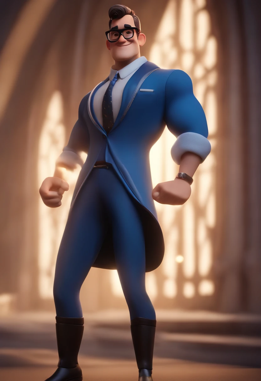 Cartoon character of a man wearing black glasses and a blue shirt, um personagem animado, Caractere estilizado, animation style rendering, 3D estilizado, Arnold Maya render, 3 d render stylized, toon render keyshot, Personagem 3D, Personagem 3D, 3d rendering stylized, 3 d character render, personagem de desenho animado, Personagem de close up, Pose de personagem, (Estilo Pixar) (master part:1.2) (Bokeh) (best quality) (pele detalhada) (textura detalhada) (8k) (argila) (Cinematic lighting) (foco nítido,Senta e vaza a parte superior do corpo