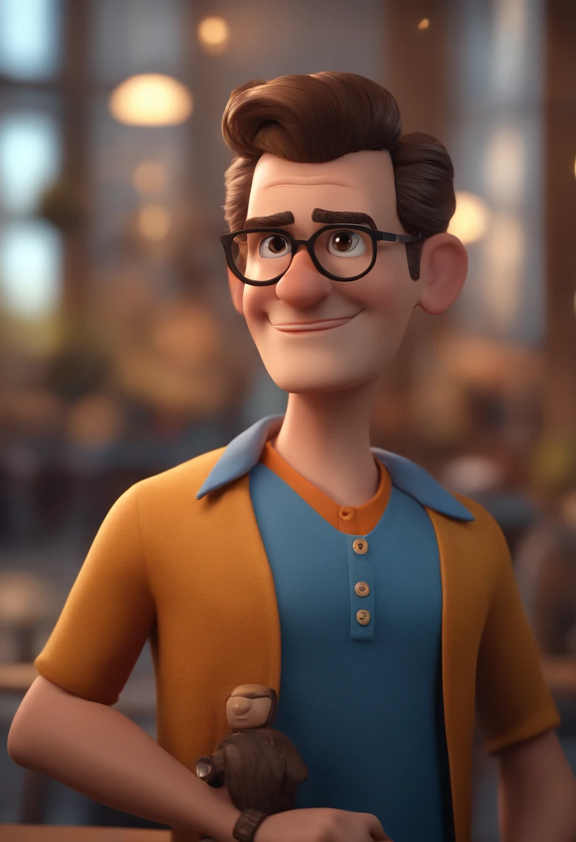 Cartoon character of a man with black glasses and a blue shirt, animation character, Caractere estilizado, animation style rendering, 3D estilizado, Arnold Maya render, 3 d render stylized, toon render keyshot, Personagem 3D, Personagem 3D, 3d rendering stylized, 3 d character render, personagem de desenho animado, Personagem de close up, Pose de personagem,  (Estilo Pixar) (master part:1.2) (Bokeh) (best quality) (pele detalhada) (textura detalhada) (8k) (argila) (Cinematic lighting) (foco nítido