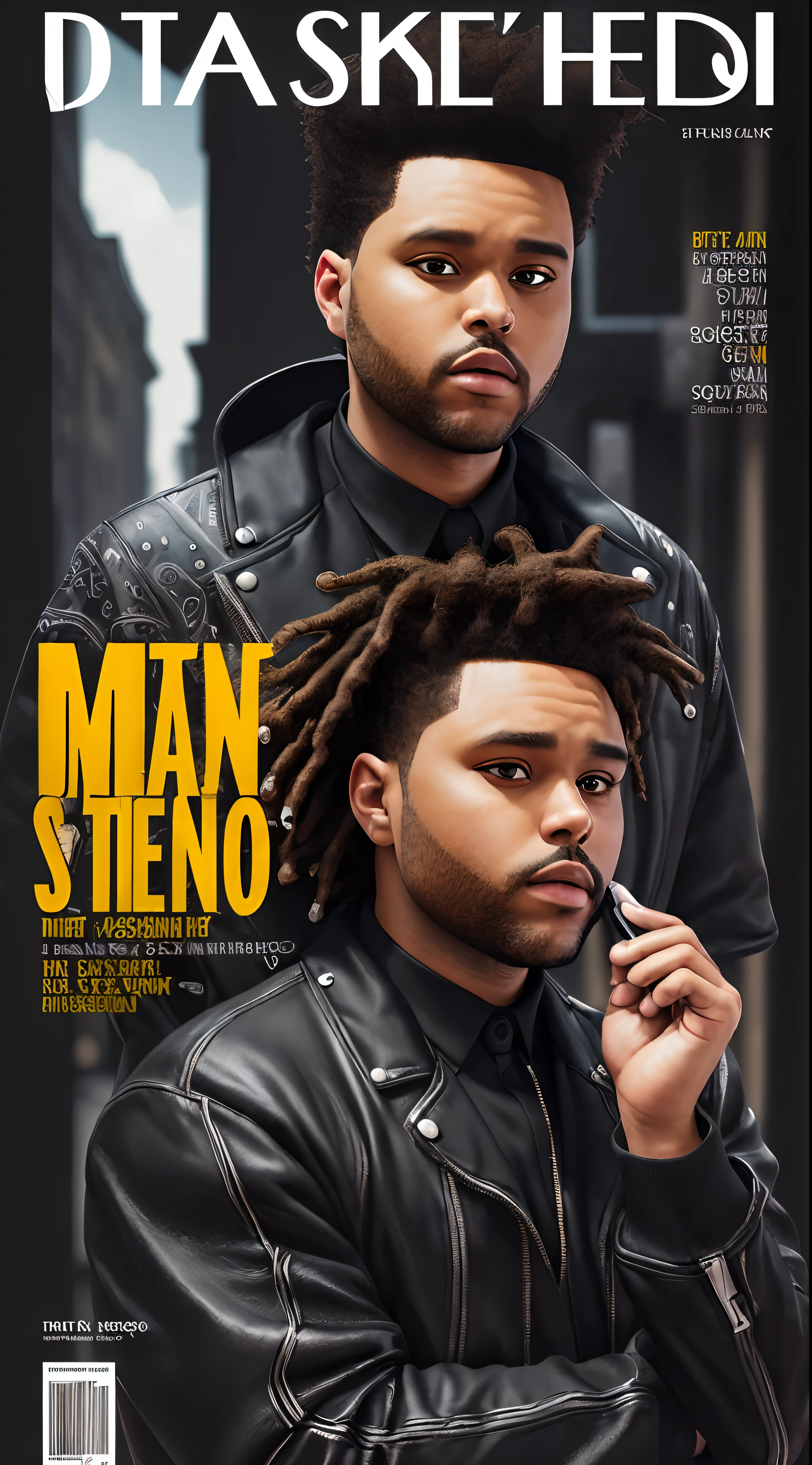 ((((best quality))), (((ultra detailed))), (((masterpiece))), illustration,(cover style illustration of the weeknd magazine with Black Clothes), posing in front of a colorful and dynamic background. The text on the cover should be bold and attention-grabbing, with the magazine title and a catchy title. The overall style should be modern and modern, with a focus on fashion and lifestyle), wallpaper,crowds,fashion,lipstick,ray tracing,depth of field,street,in public,day 1man,solo,looking at the viewer, shiny skin, ((Dread's hair))) (((dark)). ((Dark)) ((mysterious))