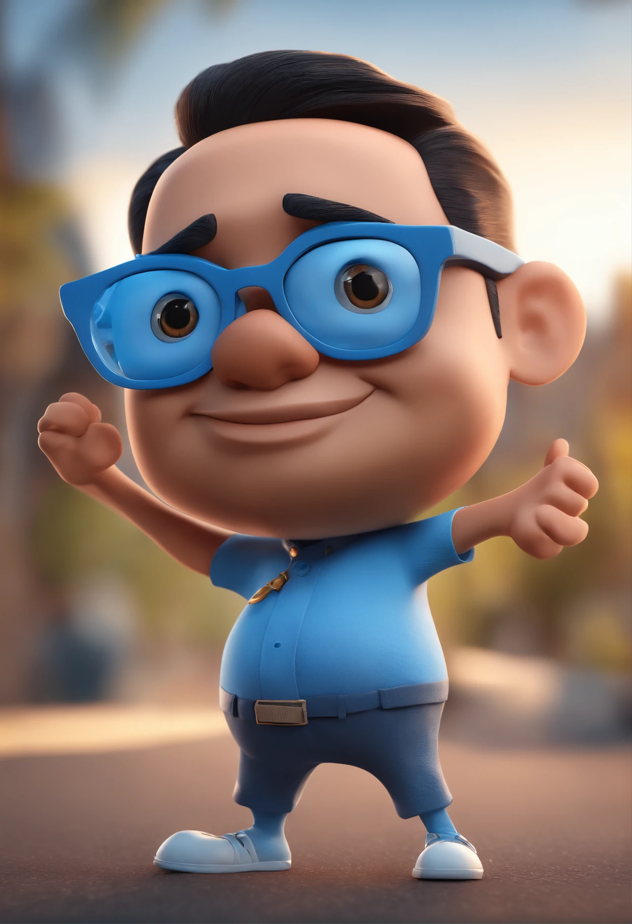 Cartoon character of a man with black glasses and a blue shirt, animation character, Caractere estilizado, animation style rendering, 3D estilizado, Arnold Maya render, 3 d render stylized, toon render keyshot, Personagem 3D, Personagem 3D, 3d rendering stylized, 3 d character render, personagem de desenho animado, Personagem de close up, Pose de personagem,  (Estilo Pixar) (master part:1.2) (Bokeh) (best quality) (pele detalhada) (textura detalhada) (8k) (argila) (Cinematic lighting) (foco nítido