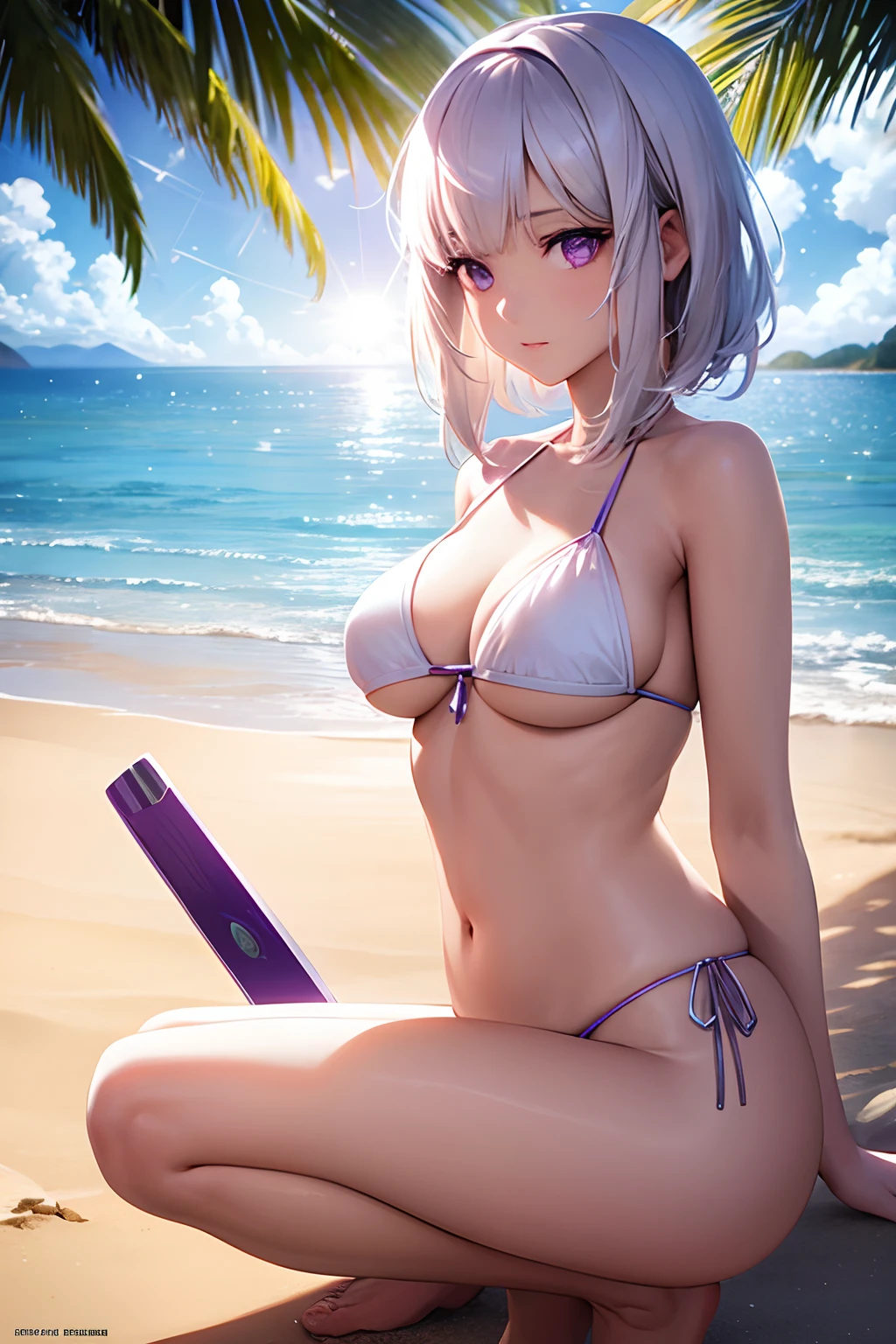 realistic, 1girl, white hair, purple eyes, bikini, beach, light particles, light rays, wallpaper,