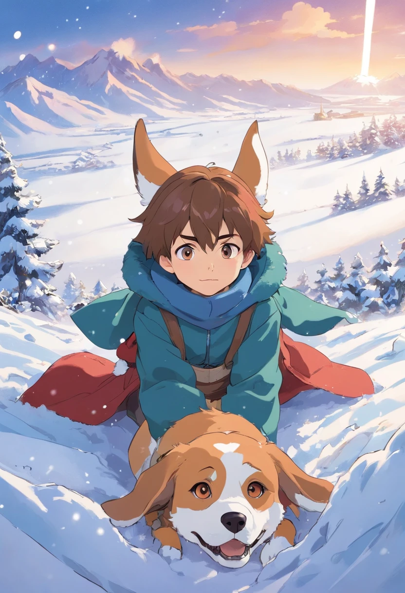 A  boy with，There are two beagle ears on the head，Lying in the snow，Q version，Simple lines，The expression is fierce，There are scars on the face