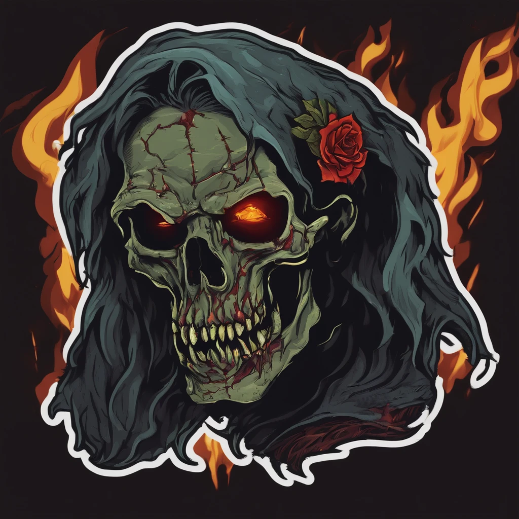 /imagine prompt: zombie fire illustration for a sticker with a black background, in bold outline style, jagged edges, trashcore, light shading --v 5.2