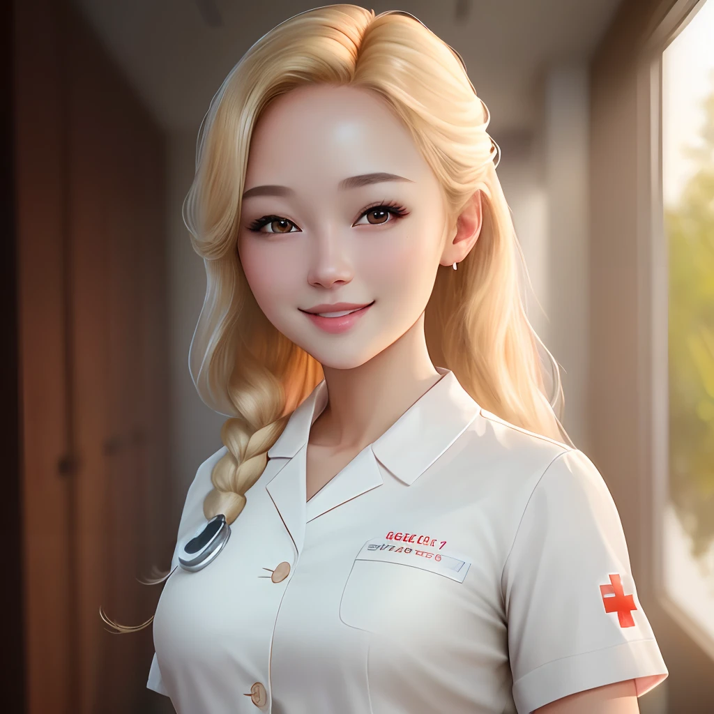 (best quality,4k,8k,highres,masterpiece:1.2),ultra-detailed,realistic,blonde nurse,thin body,brown eyes,charming smile,white lab coat,Name Aline,natural lighting,vivid colors,professional,private clinic
