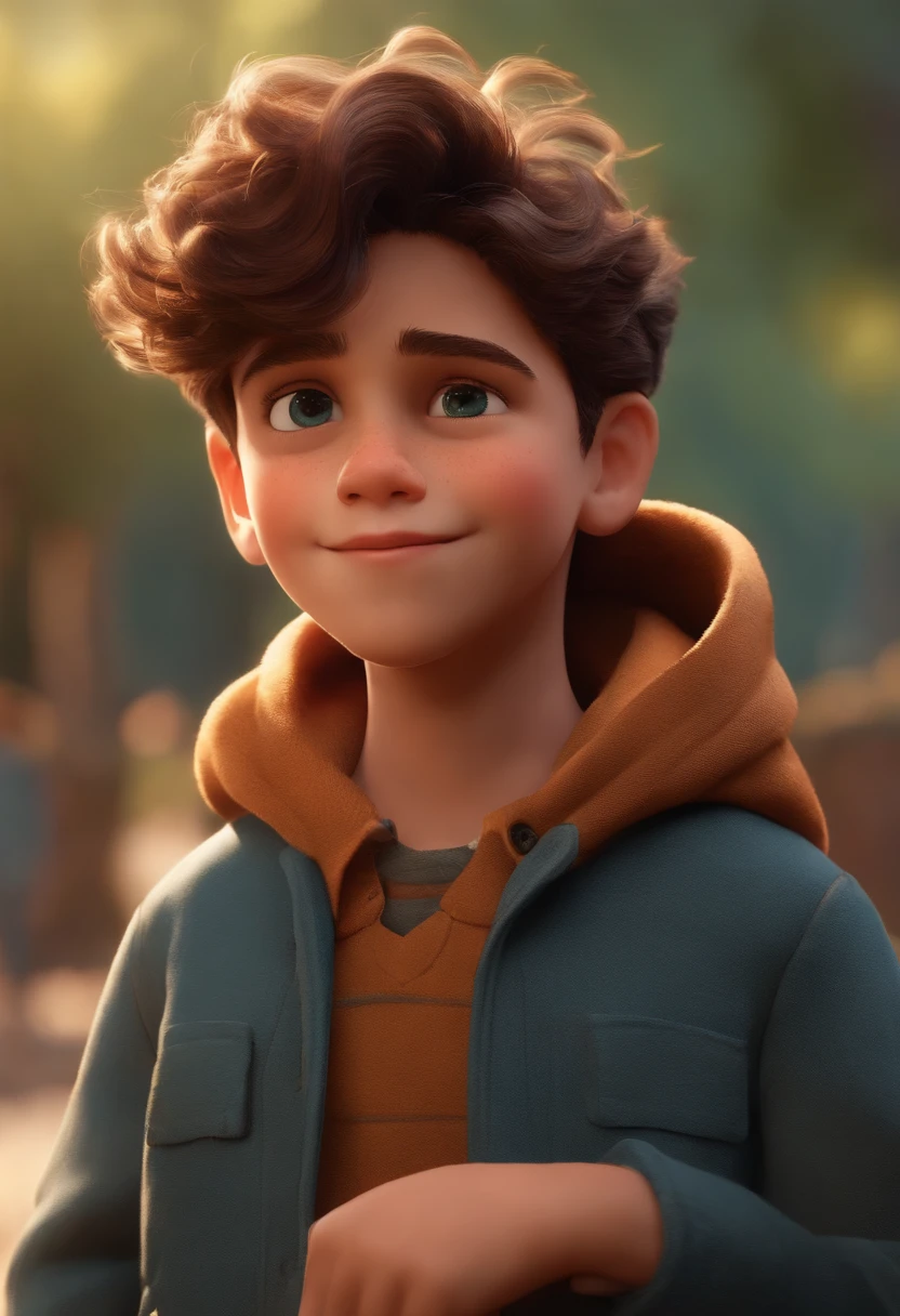 Image of a boy for a story in a YouTube video in Pixar format, He's the  allabester, He's the class leader, He's outgoing, Playful and gets up for a lot of things, cabelo curto