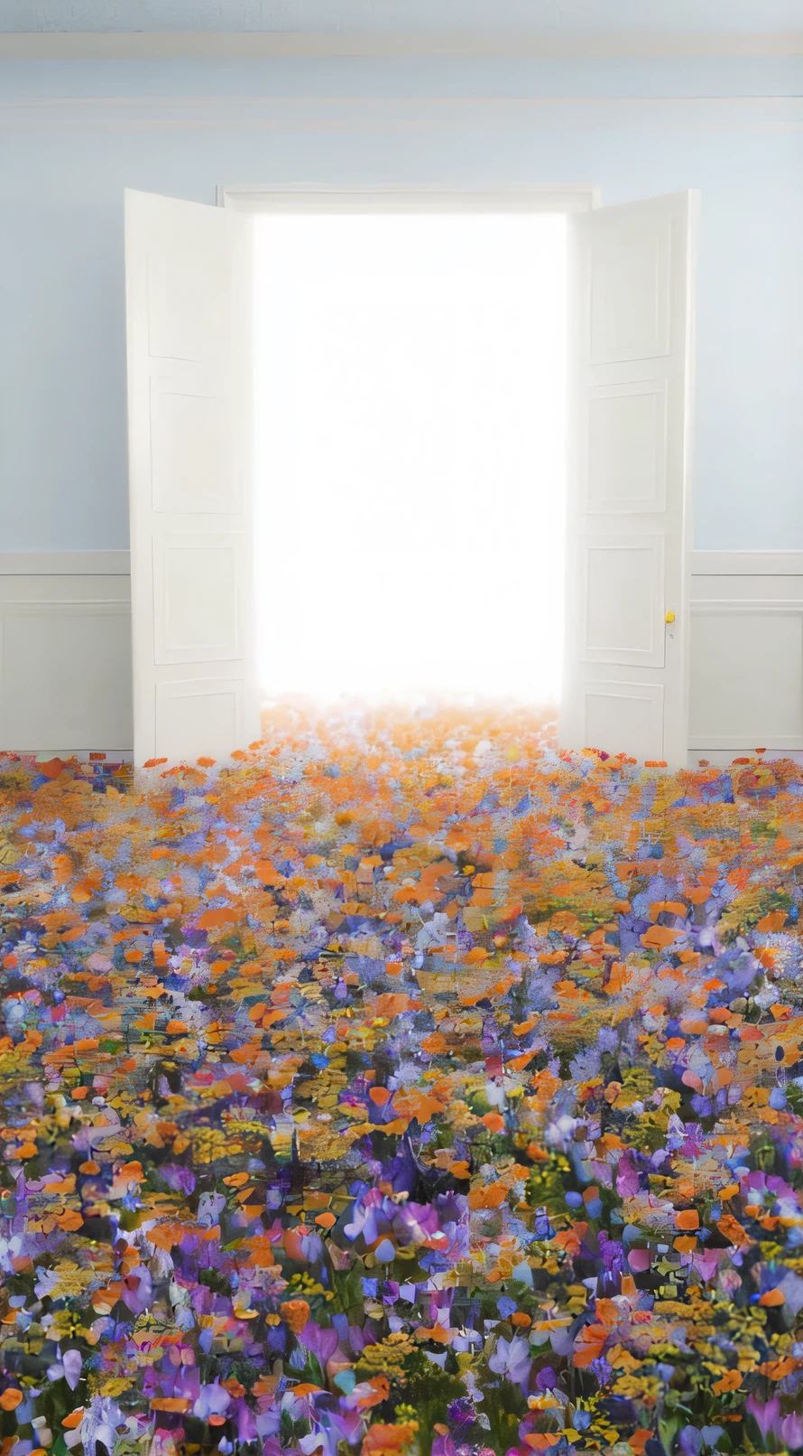 There was a room,The door is open,There is a field of flowers, Flower beds on the floor, Flowers explode, Flower explosion, floral environment, Lots of flowers, there's flowers everywhere, Flowers everywhere, flowers sea everywhere, flower field, an aesthetic field of flowers, Colorful flowers explode, Full of flowers, petra cortright, puzzle-like room