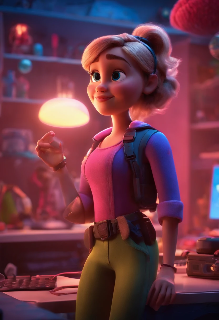"Create a Pixar Poster Style Character in 3D in 4K , with the title: " SARAH TECH" The Unstoppable. The setting is a work-from-home studio, com leds e luzes neon magenta e azul. "