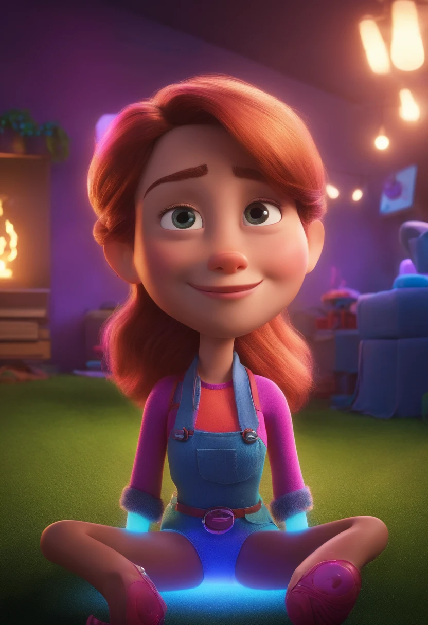 "Create a Pixar Poster Style Character in 3D in 4K , with the title: " SARAH TECH" The Unstoppable. The setting is a work-from-home studio, com leds e luzes neon magenta e azul. "