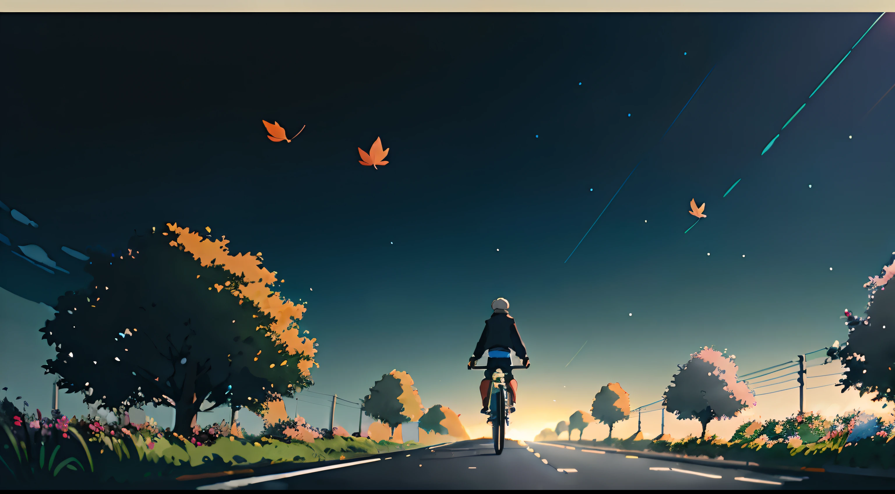 (cycliste seul: 1.5), (Vélo réaliste: 1.5), (cycliste réaliste: 1.5), Plan en gros plan, Le meilleur des meilleurs, automne, Nuit, ciel sombre, feuilles d’oranger, Feuilles qui tombent, Arrière-plan paysager, ombres, contraste, Makoto Shinkai (Meilleure qualité:1.3), (Haute résolution:1) Art par Studio Ghibli Style, impressionnisme, couleurs vibrantes
