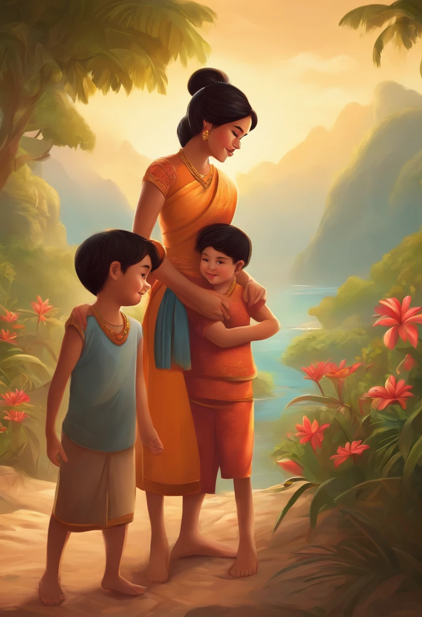 cartoon, mom and kids, thai style, boy and girl, crop tight , colorful