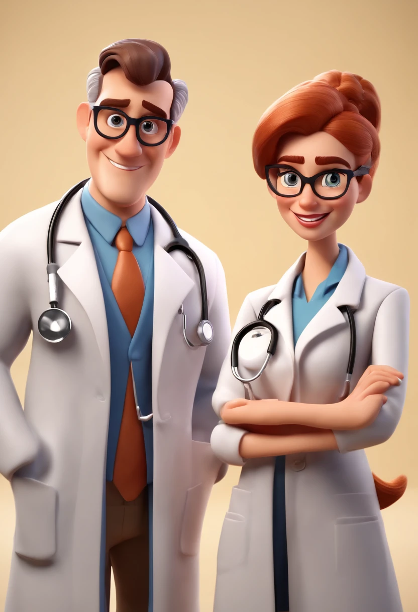 Cartoon character of a doctor man and a doctor woman wearing lab coat and stethoscope , um personagem animado, Caractere estilizado, animation style rendering, 3D estilizado, , 3 d render stylized, toon render keyshot, Personagem 3D, Personagem 3D, 3d rendering stylized, 3 d character render, personagem de desenho animado, Personagem de close up, Pose de personagem, (Estilo Pixar) (Bokeh) (best quality) (pele detalhada) (textura detalhada) (8k) (argila) (Cinematic lighting) (foco nítido,Senta e vaza a parte superior do corpo