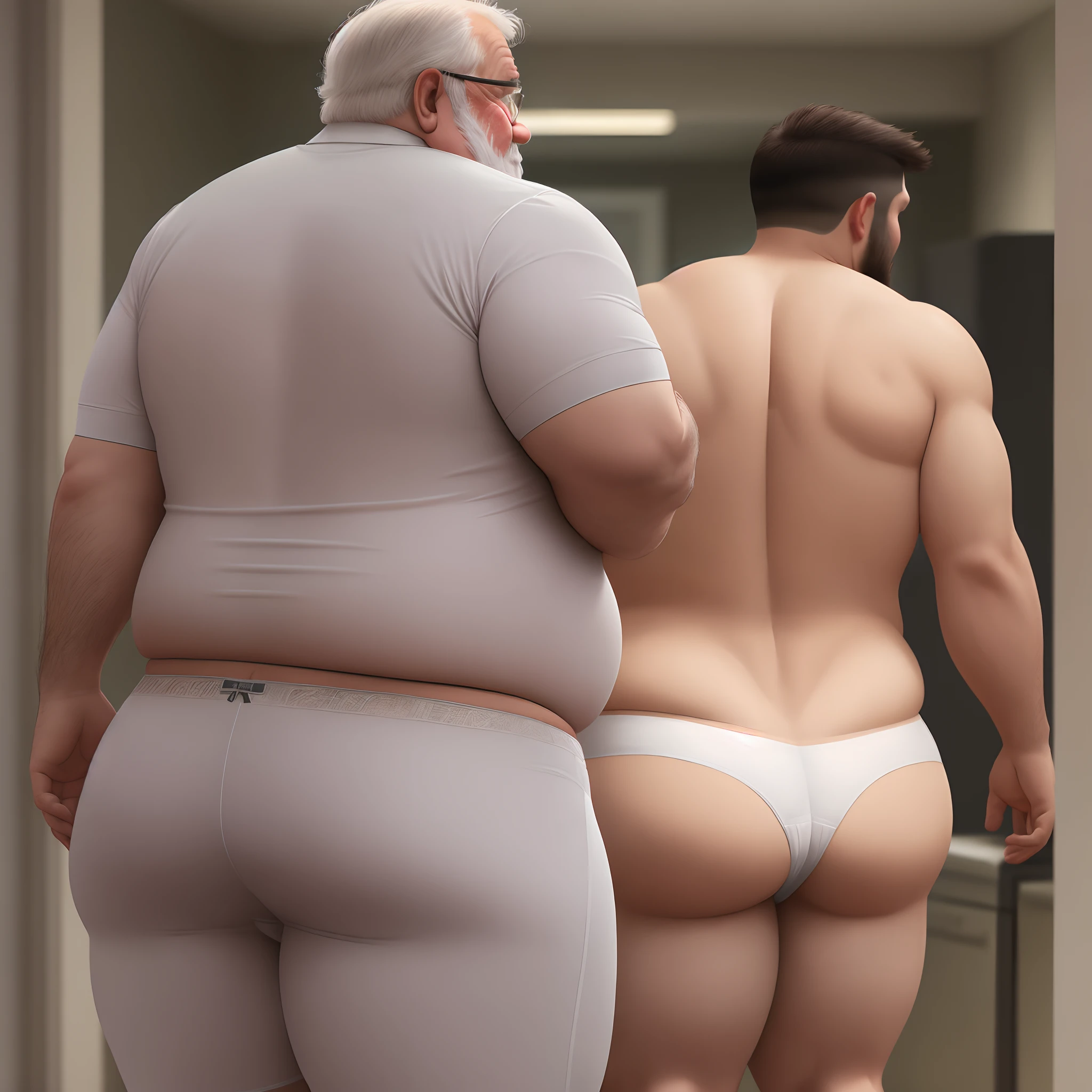 Fat grandpa, white classic briefs underwear, large butt, fat belly.