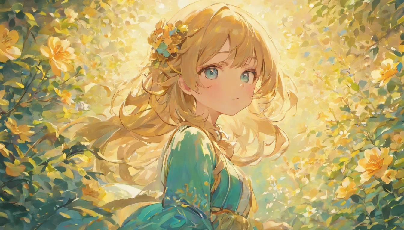 (best quality,highres),beautiful girl,detailed eyes,luscious lips,soft wavy hair,rosy cheeks,graceful posture,feminine dress,vibrant colors,natural lighting,painting-like style,the girl is surrounded by blooming flowers and greenery