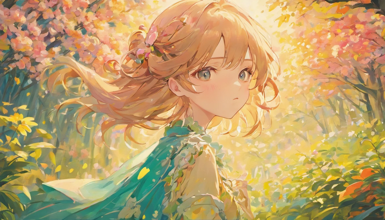 (best quality,highres),beautiful girl,detailed eyes,luscious lips,soft wavy hair,rosy cheeks,graceful posture,feminine dress,vibrant colors,natural lighting,painting-like style,the girl is surrounded by blooming flowers and greenery