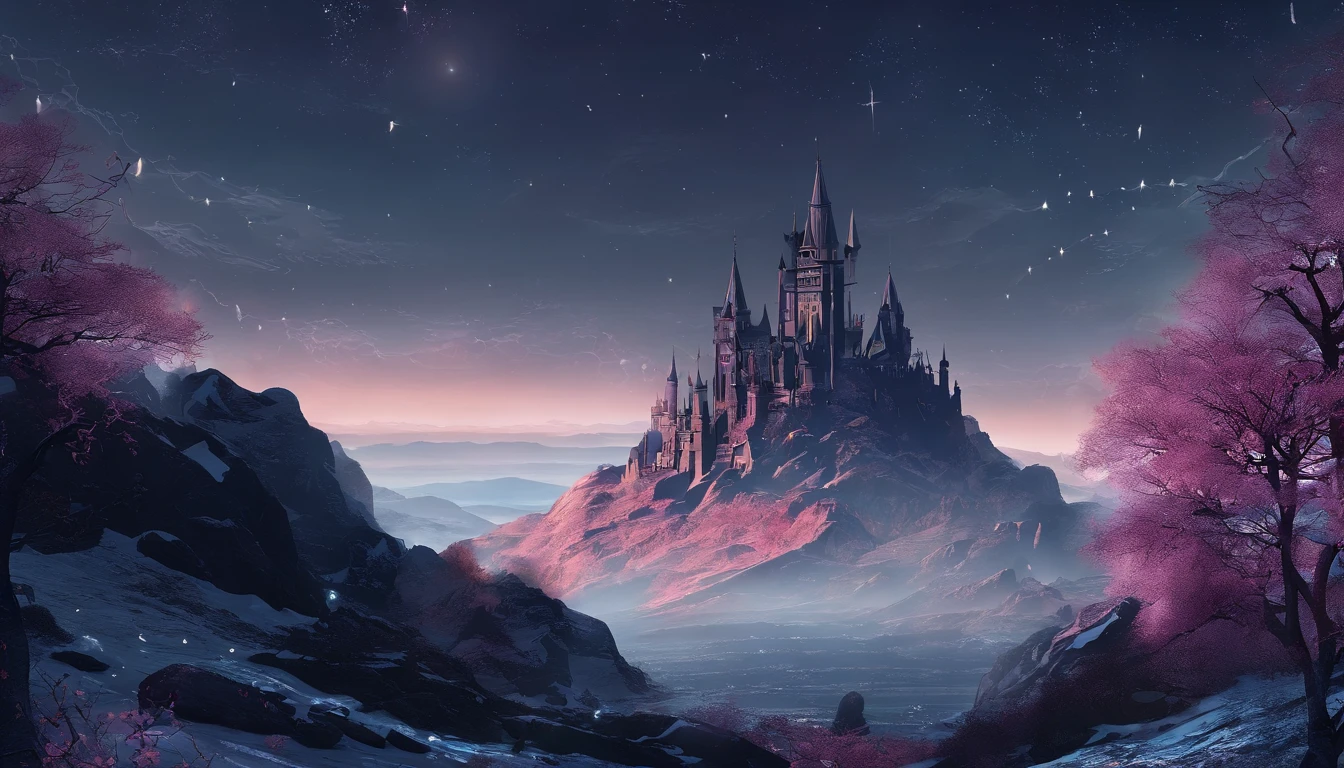 Vast Landscape Photo (view from bottom, which shows the sky above and the rocks below), Fortress at the top (full moon: 1,2), (Shooting stars: 0,9), (nebula: 1,3), A Distant Mountain ,(Cold light source:1.2), Lonely Mountain, Snow-capped mountains, voluminous lighting, реализм BREAK (tmasterpiece:1.2), (beste-Qualit), 4k, Ultra-detailed, (Dynamic composition: 1.4), Detailed, colorful details, (Cool Color Scheme: 1.2), (Glowing Lighting, Ambiance Lighting), dreamy, elvish, (独奏: 1.2)