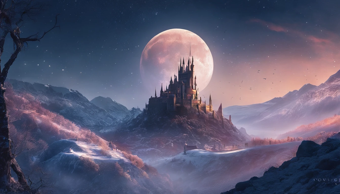 Vast Landscape Photo (view from bottom, which shows the sky above and the rocks below), Fortress at the top (full moon: 1,2), (Shooting stars: 0,9), (nebula: 1,3), A Distant Mountain ,(Cold light source:1.2), Lonely Mountain, Snow-capped mountains, voluminous lighting, реализм BREAK (tmasterpiece:1.2), (beste-Qualit), 4k, Ultra-detailed, (Dynamic composition: 1.4), Detailed, colorful details, (Cool Color Scheme: 1.2), (Glowing Lighting, Ambiance Lighting), dreamy, elvish, (独奏: 1.2)