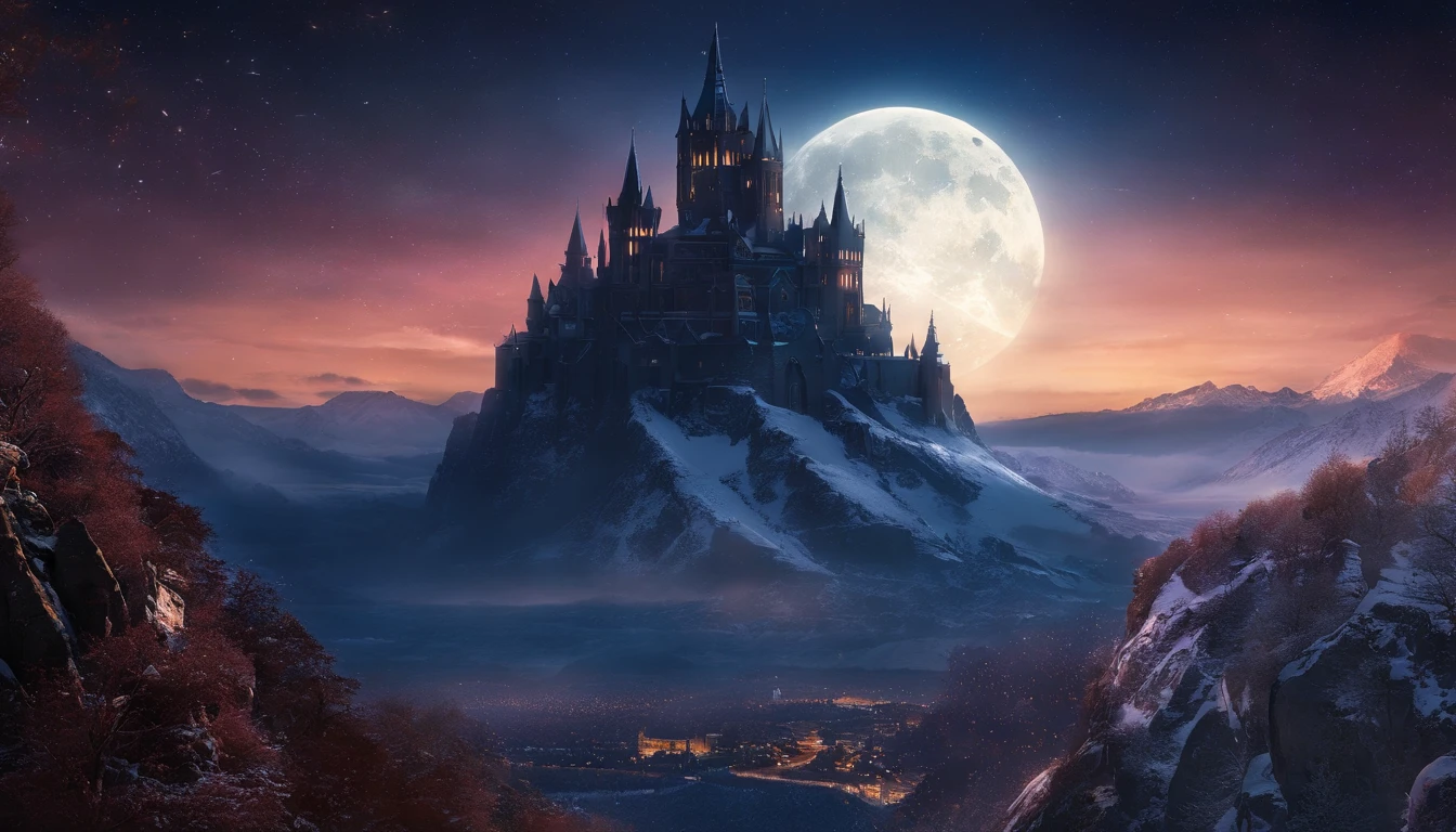 Vast Landscape Photo (view from bottom, which shows the sky above and the rocks below), Fortress at the top (full moon: 1,2), (Shooting stars: 0,9), (nebula: 1,3), A Distant Mountain ,(Cold light source:1.2), Lonely Mountain, Snow-capped mountains, voluminous lighting, реализм BREAK (tmasterpiece:1.2), (beste-Qualit), 4k, Ultra-detailed, (Dynamic composition: 1.4), Detailed, colorful details, (Cool Color Scheme: 1.2), (Glowing Lighting, Ambiance Lighting), dreamy, elvish, (独奏: 1.2)