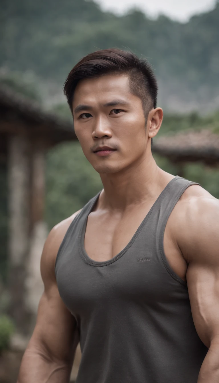Asia man gymer wearing full vest , big muscle, height 190 cm, big shoulder, big muscle foot, (draww eye detail), (realestic)