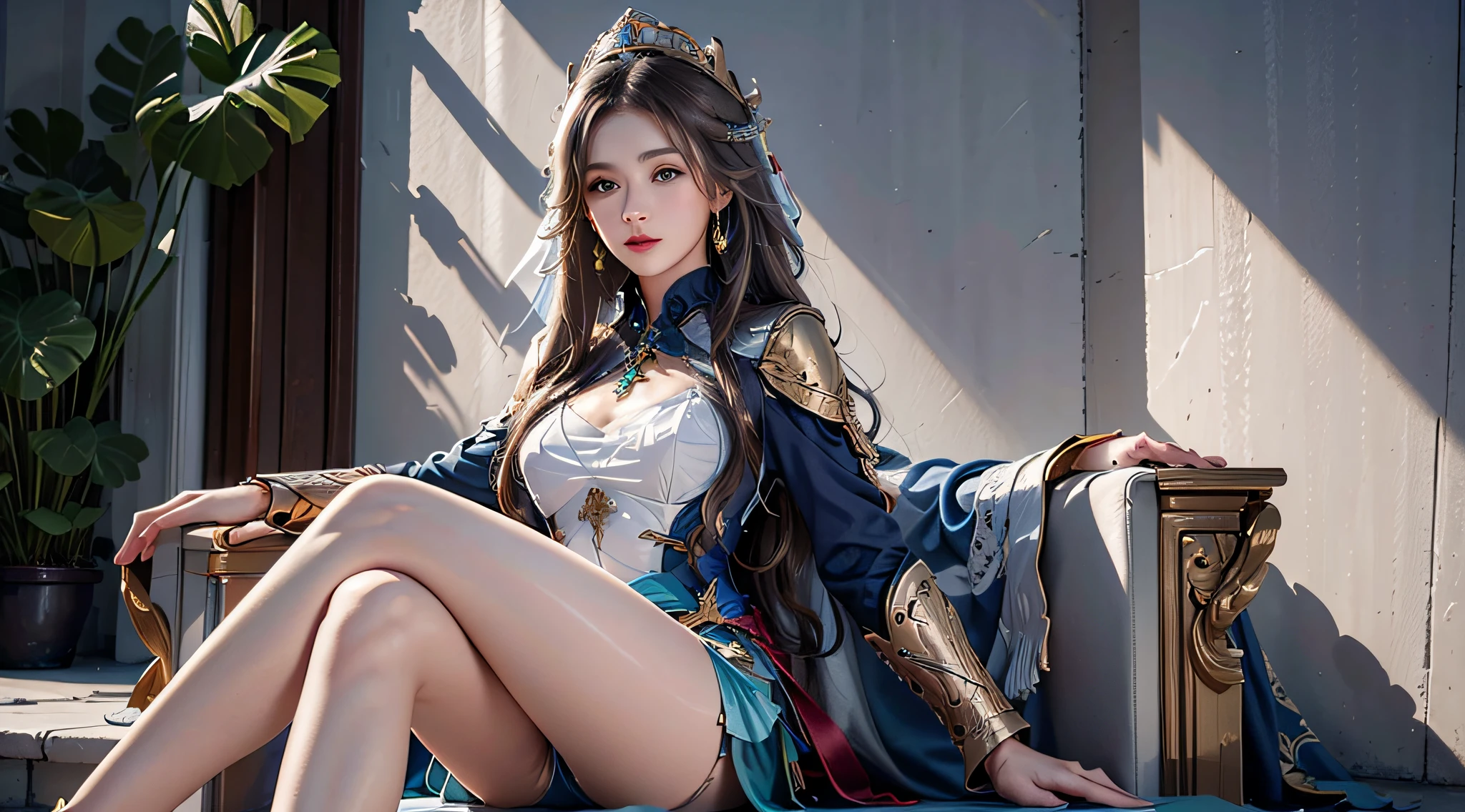 photography awards, masterpiece,  hyper-realistic, high resolution, brown hair, green eyes, Woman in silver see-through dress, Sitting on the golden throne, cross one's legs, Stunning character art, Beautiful exquisite character art, Beautiful gold armor, Extremely detailed, Girl in Shining Armor, Exquisite Intricate Headdress and Jewelry, octane render, look directly at the audience