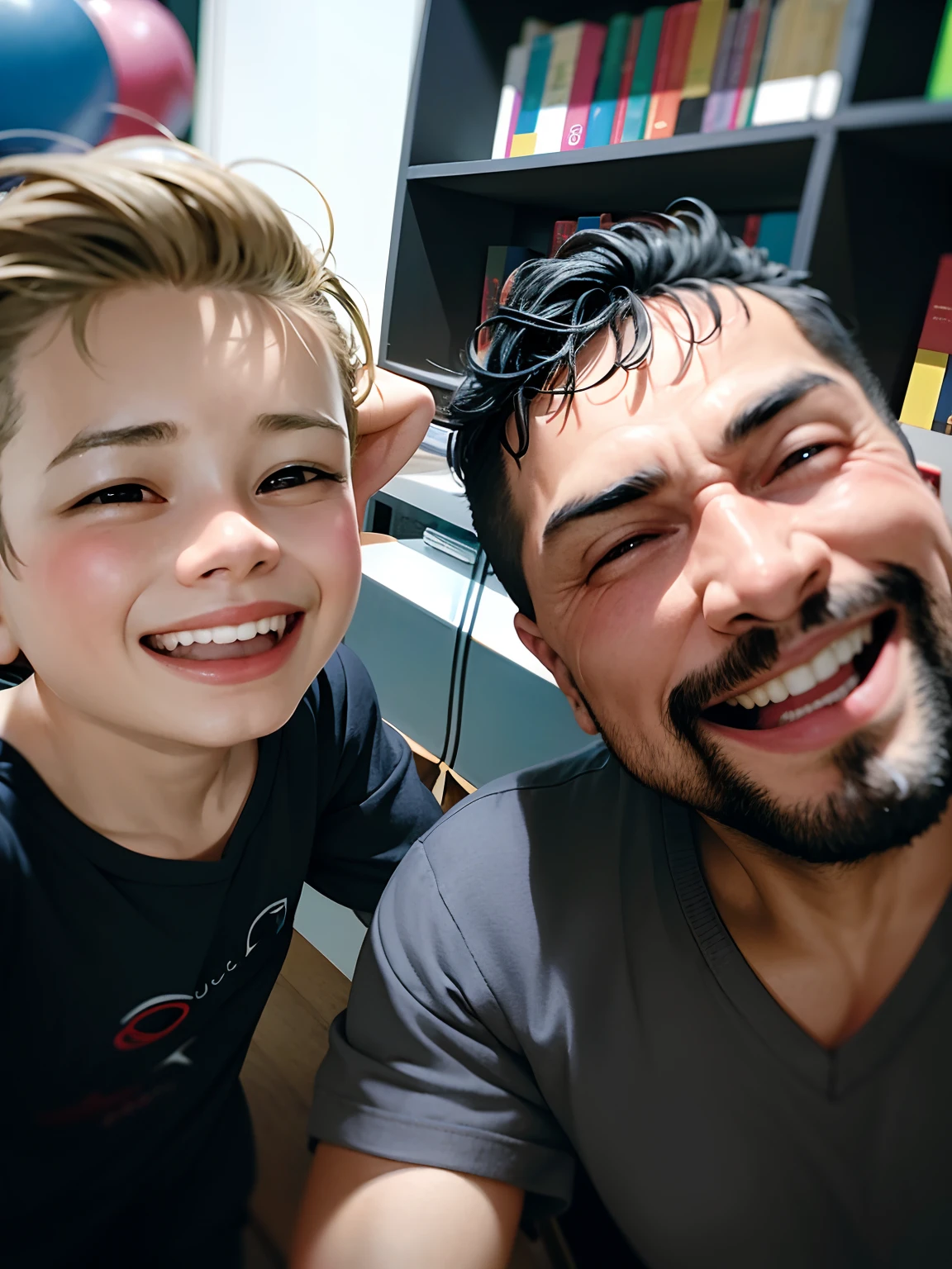 Smiling man and child in a room with bookshelves and balloons, Selfie, both smiling for the camera, with a kid, imagem de qualidade muito baixa, Postagem no Reddit, foto iphone, foto Selfie, cerca de 3 5 anos, happily smiling at the camera, Selfie!!!!!, sneering at the camera, Capturado no iPhone, muito bobo olhando, feliz com a boca aberta