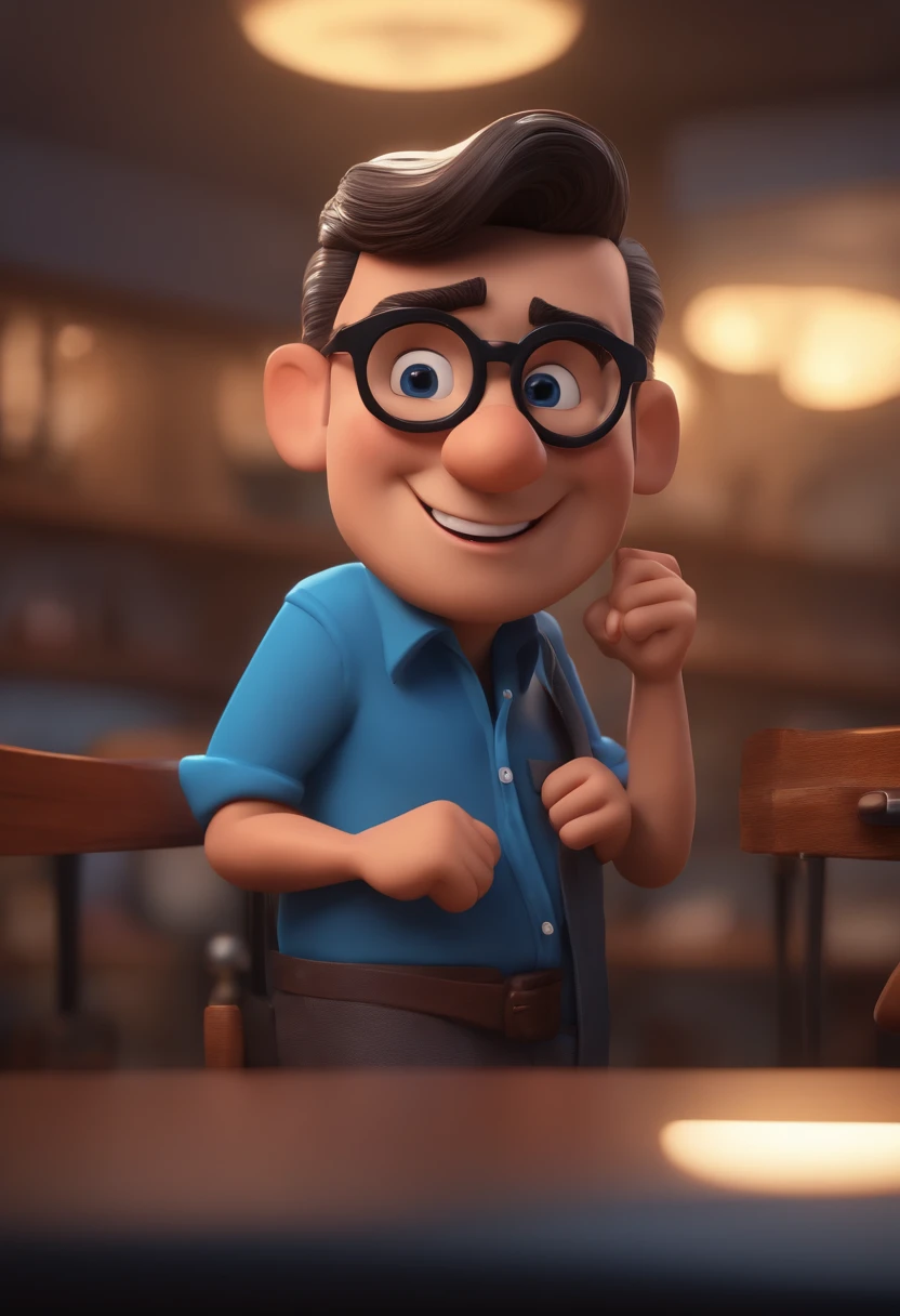Cartoon character of a man with black glasses and a blue shirt, animation character, Caractere estilizado, animation style rendering, 3D estilizado, Arnold Maya render, 3 d render stylized, toon render keyshot, Personagem 3D, Personagem 3D, 3d rendering stylized, 3 d character render, personagem de desenho animado, Personagem de close up, Pose de personagem, (Estilo Pixar) (master part:1.2) (Bokeh) (best quality) (pele detalhada) (textura detalhada) (8k) (argila) (Cinematic lighting) (foco nítido