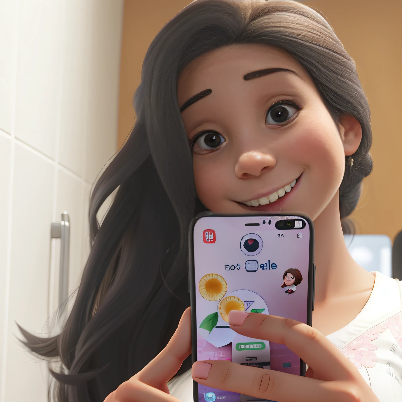 A woman with long dark hair is taking a selfie using her mobile phone. She's smiling openly., mostrando os dentes e parece estar aproveitando o momento. Her eyes are open and she's looking at the camera. Woman is holding mobile phone in hand, captando a imagem. The scene is casual and friendly, com a mulher aparentemente feliz e engajada no ato de tirar uma selfie.