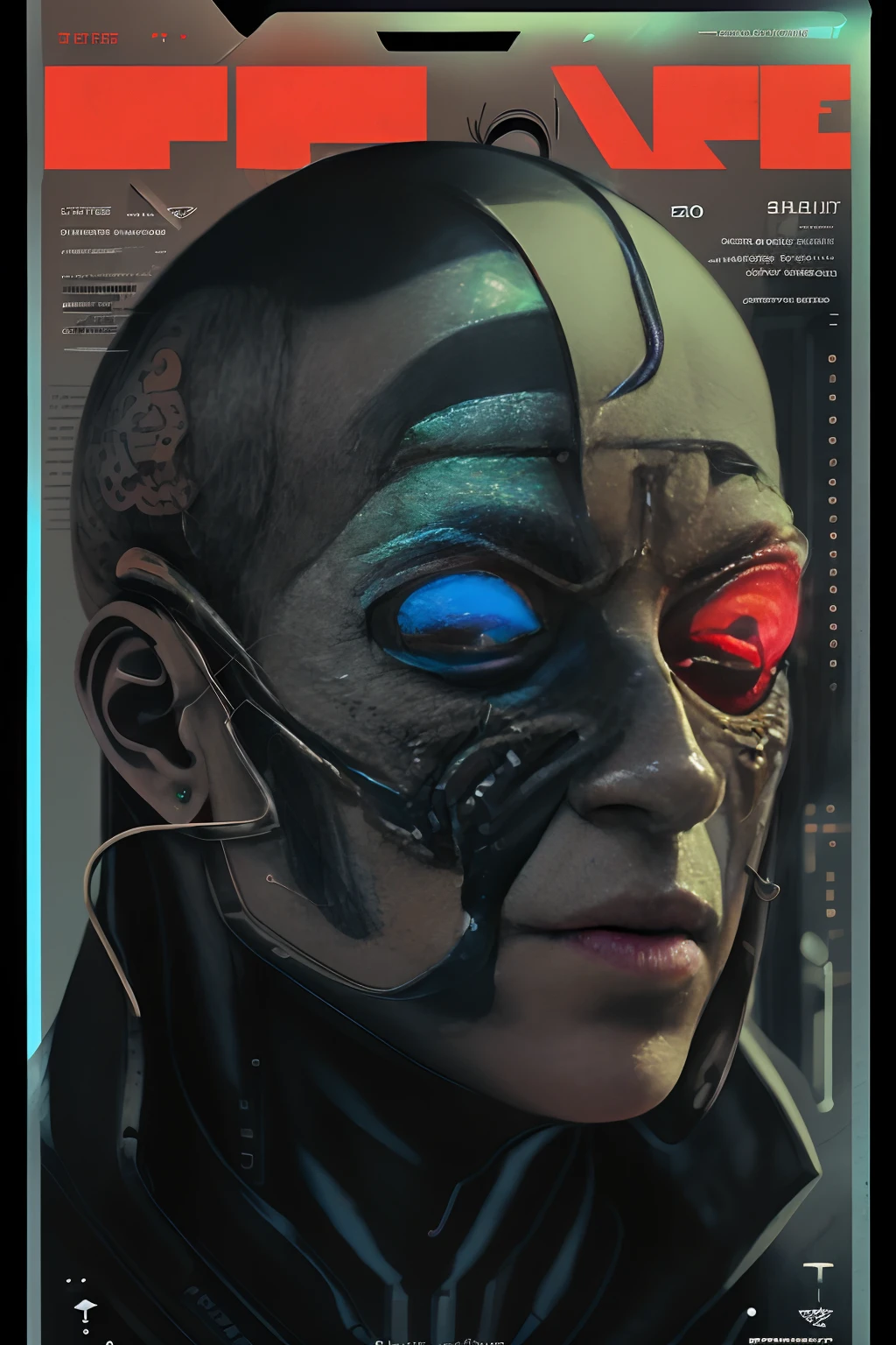 Depict face emerging from the shadows, magazine cover, poster art, cyborg Police, hint of neon