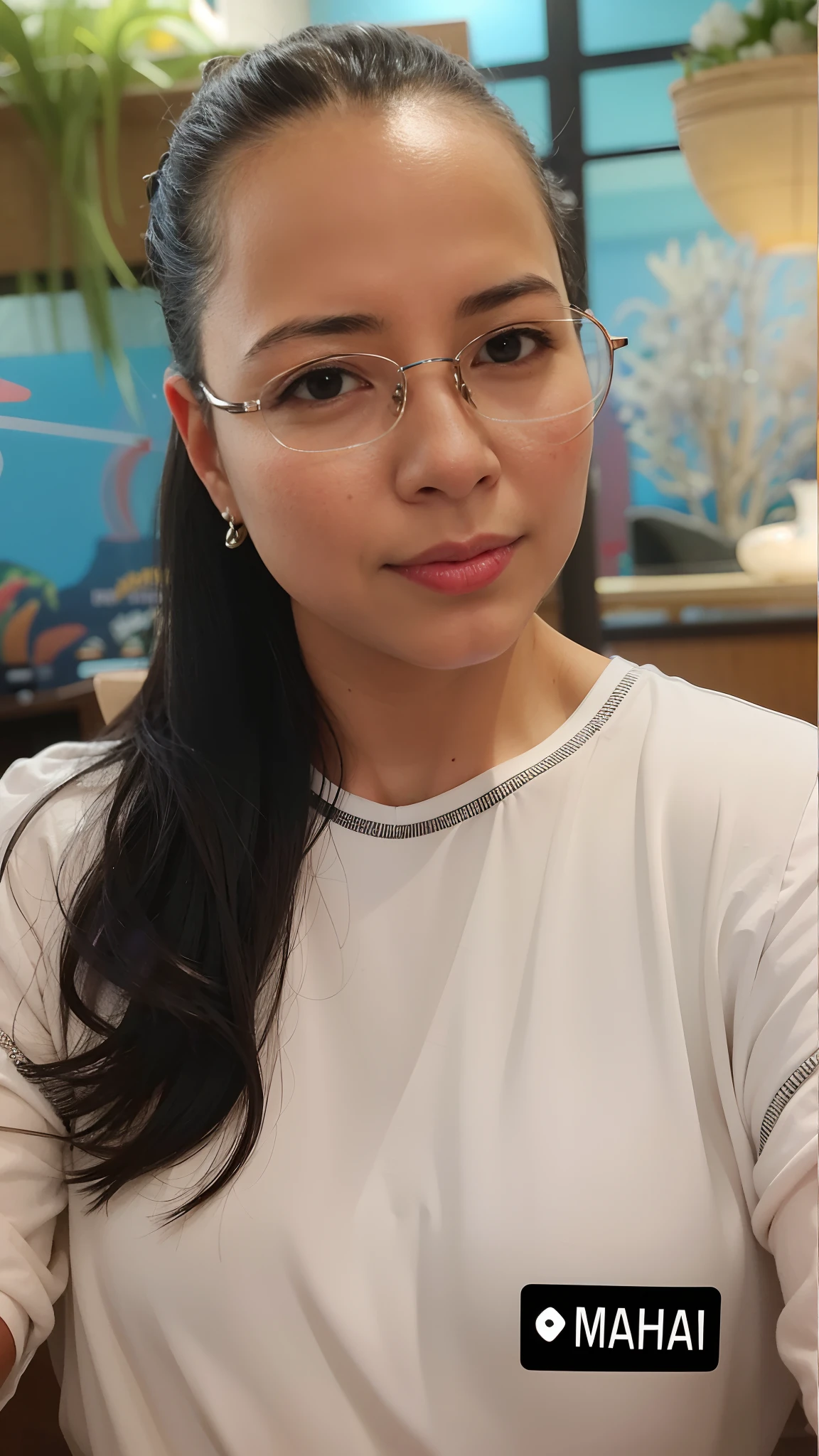 There's a woman with glasses sitting at the table with a plate of food, wearing thin large round glasses, With eye Glasses, with glasses on, girl wearing round glasses, girl with glasses, wearing small round glasses, with square glasses, wearing round glasses, !!wearing modern glasses!!, wavy long black hair and glasses, thick round glasses, grande!!!!!! Eyeglasses!!!