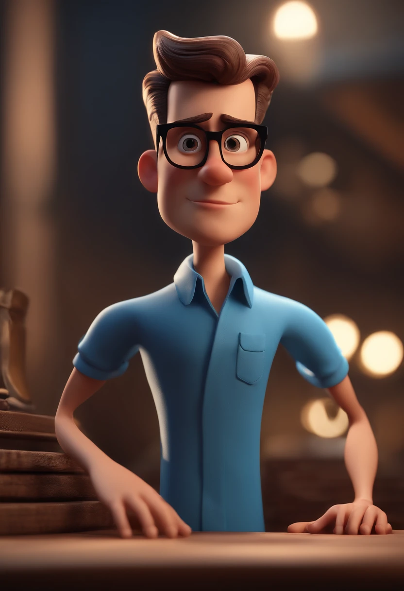 Cartoon character of a man with black glasses and a blue shirt, animation character, Caractere estilizado, animation style rendering, 3D estilizado, Arnold Maya render, 3 d render stylized, toon render keyshot, Personagem 3D, Personagem 3D, 3d rendering stylized, 3 d character render, personagem de desenho animado, Personagem de close up, Pose de personagem,  (Estilo Pixar) (master part:1.2) (Bokeh) (best quality) (pele detalhada) (textura detalhada) (8k) (argila) (Cinematic lighting) (foco nítido