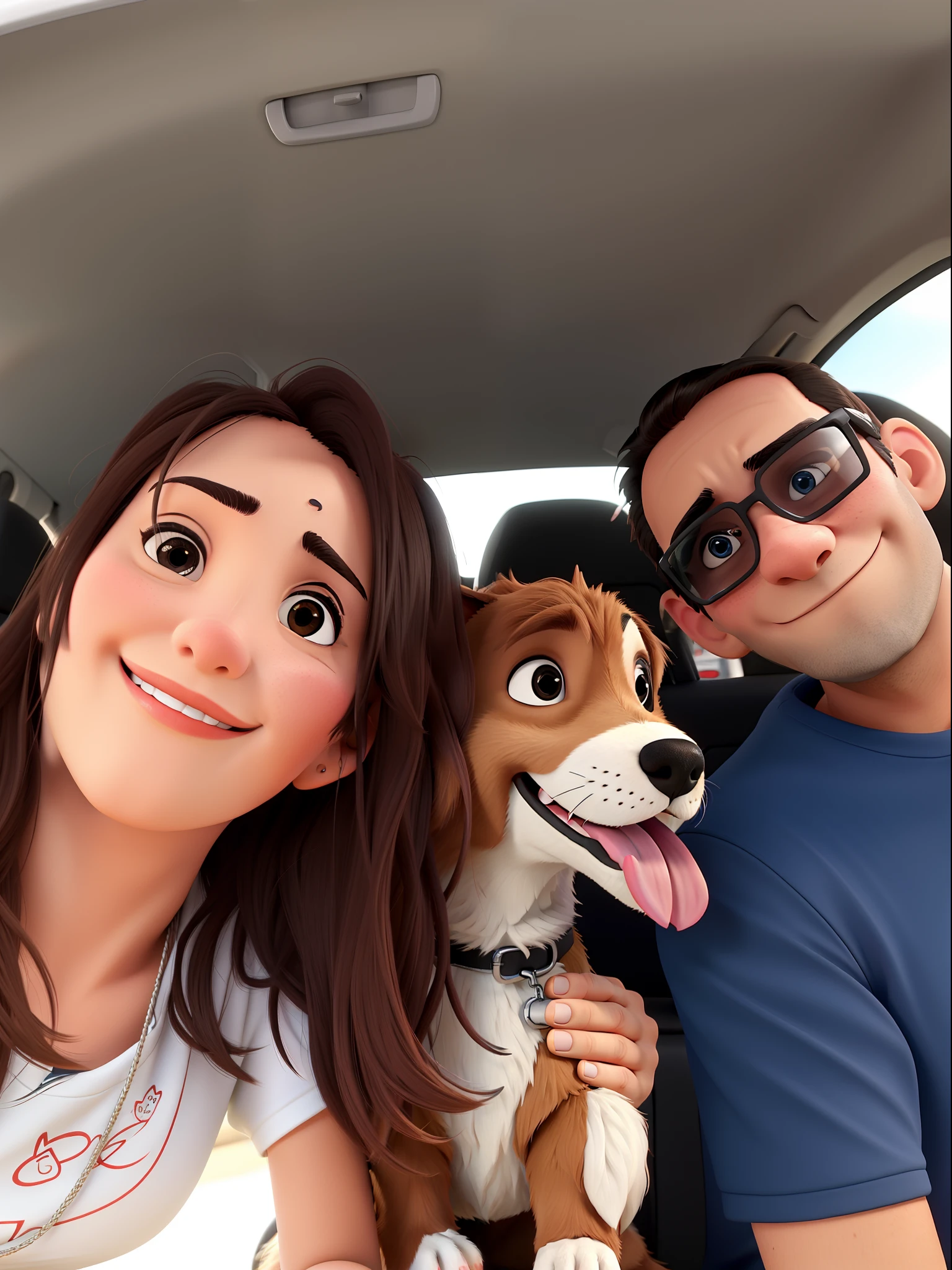 um homem uma mulher um cachorro dentro do carro