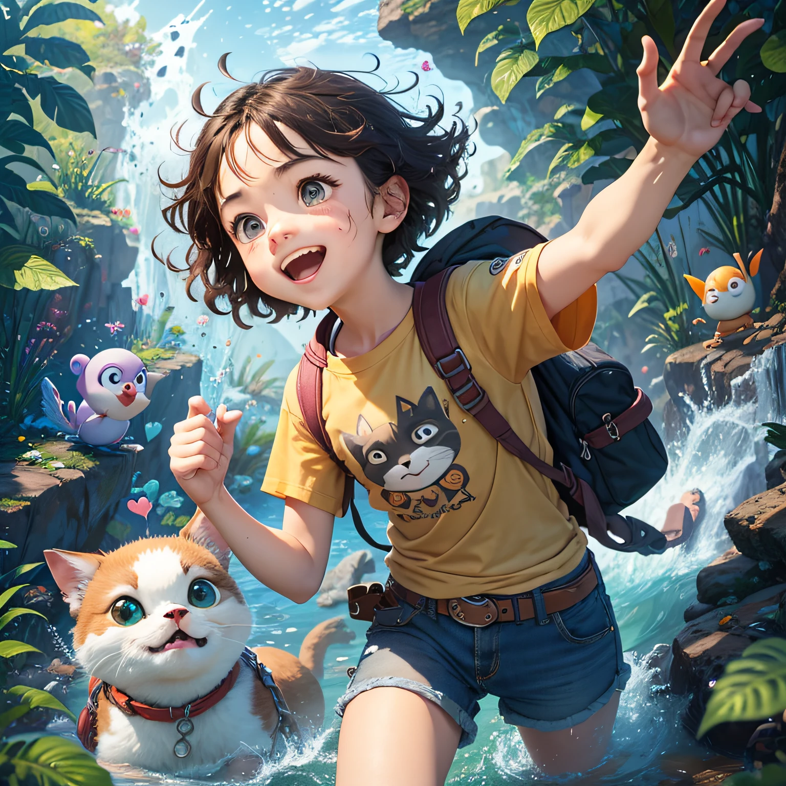 Create a Pixar Studio-style character with the following information:
Nome: Noah Idade: 1 anos Cabelos: brown and messy, conveying an energetic appearance. Olhos: Brilhantes e expressivos, cheios de entusiasmo. face expression: Um sorriso radiante e cativante, conveying joy and excitement. Vestimenta: A colorful and comfortable t-shirt, com estampas de animais, plantas e elementos da natureza. Practical shorts that allow free movement. Botas de aventura, ideal for your expeditions. Overall appearance: Max is a friendly-looking and welcoming Little Adventurer, with soft strokes and a visual language appealing to children. Your expression transmits energy, curiosidade e coragem. He is always ready to embark on new adventures, explorar a natureza e descobrir coisas emocionantes. His personality is full of enthusiasm and he loves to share his stories of discovery with his friends. Max's image will be a Pixar Studio-style illustration, com cores vibrantes, Smooth strokes and charming details, bringing to life all the magic and fun of Pixar animations.