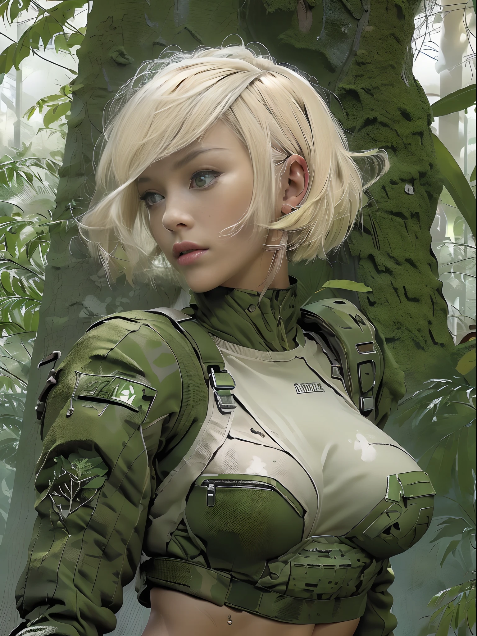 (((of the highest quality: 1.4))),(unparalleled masterpiece ever), (Ultra high definition),(Ultra realistic 8K CG)、 (((adult body))), (((1girl in))), ((( Bob Shorthair ))), 25-year-old American soldier with perfect body,,Beautiful and well-groomed face,muscular body:1.2,Detailed camouflage jacket, Camouflage tank top、is standing、 (Image from head to thigh),(( White Blonde Bob Shorthair )),, Simon Bisley's urban savage style,Detailed forest background,Clean abs, Complex equipment, dark green with white stars and gray and white stripes,,s Armor, Poison tattoo