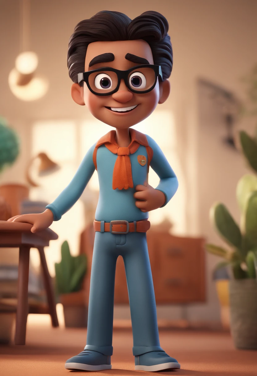 Cartoon character of a man with black glasses and a blue shirt, animation character, Caractere estilizado, animation style rendering, 3D estilizado, Arnold Maya render, 3 d render stylized, toon render keyshot, Personagem 3D, Personagem 3D, 3d rendering stylized, 3 d character render, personagem de desenho animado, Personagem de close up, Pose de personagem,  (Estilo Pixar) (master part:1.2) (Bokeh) (best quality) (pele detalhada) (textura detalhada) (8k) (argila) (Cinematic lighting) (foco nítido