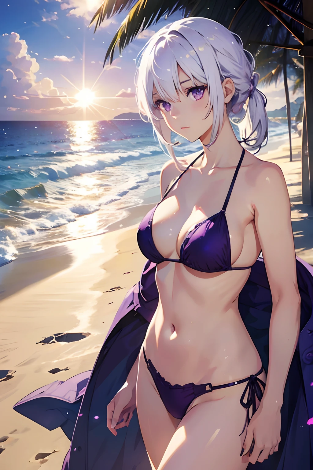 realistic, 1girl, white hair, purple eyes, bikini, beach, light particles, light rays, wallpaper,