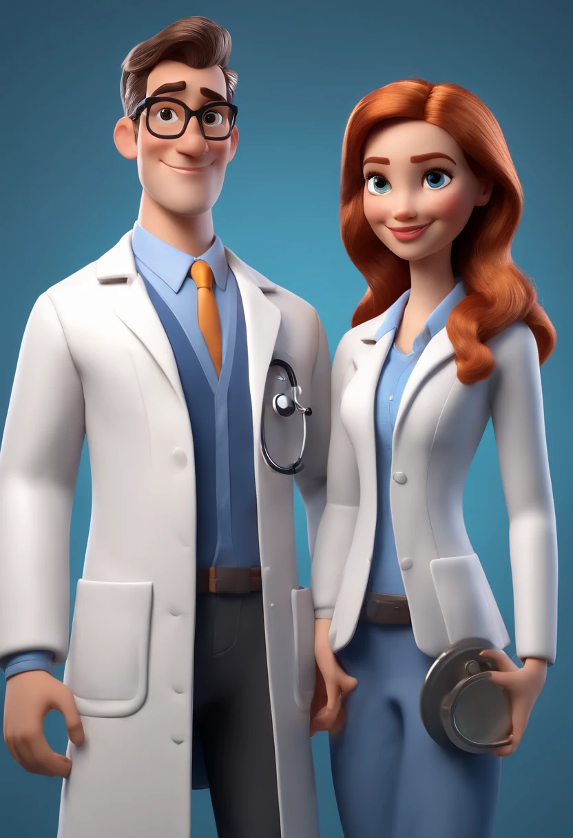 Cartoon Character Young Doctor Couple Wearing Lab Coat And Stethoscope , um personagem animado, Caractere estilizado, animation style rendering, 3D estilizado, , 3 d render stylized, toon render keyshot, Personagem 3D, Personagem 3D, 3d rendering stylized, 3 d character render, personagem de desenho animado, Personagem de close up, Pose de personagem, (Estilo Pixar) (Bokeh) (melhor qualidade) (pele detalhada) (textura detalhada) (8k) (argila) (Cinematic lighting) (foco nítido,Senta e vaza a parte superior do corpo