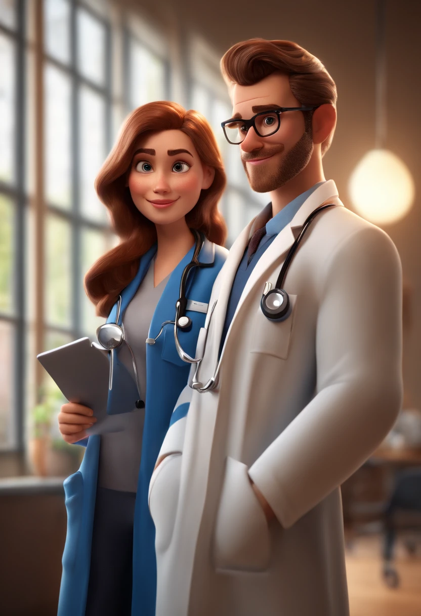 Cartoon Character Young Doctor Couple Wearing Lab Coat And Stethoscope , um personagem animado, Caractere estilizado, animation style rendering, 3D estilizado, , 3 d render stylized, toon render keyshot, Personagem 3D, Personagem 3D, 3d rendering stylized, 3 d character render, personagem de desenho animado, Personagem de close up, Pose de personagem, (Estilo Pixar) (Bokeh) (melhor qualidade) (pele detalhada) (textura detalhada) (8k) (argila) (Cinematic lighting) (foco nítido,Senta e vaza a parte superior do corpo