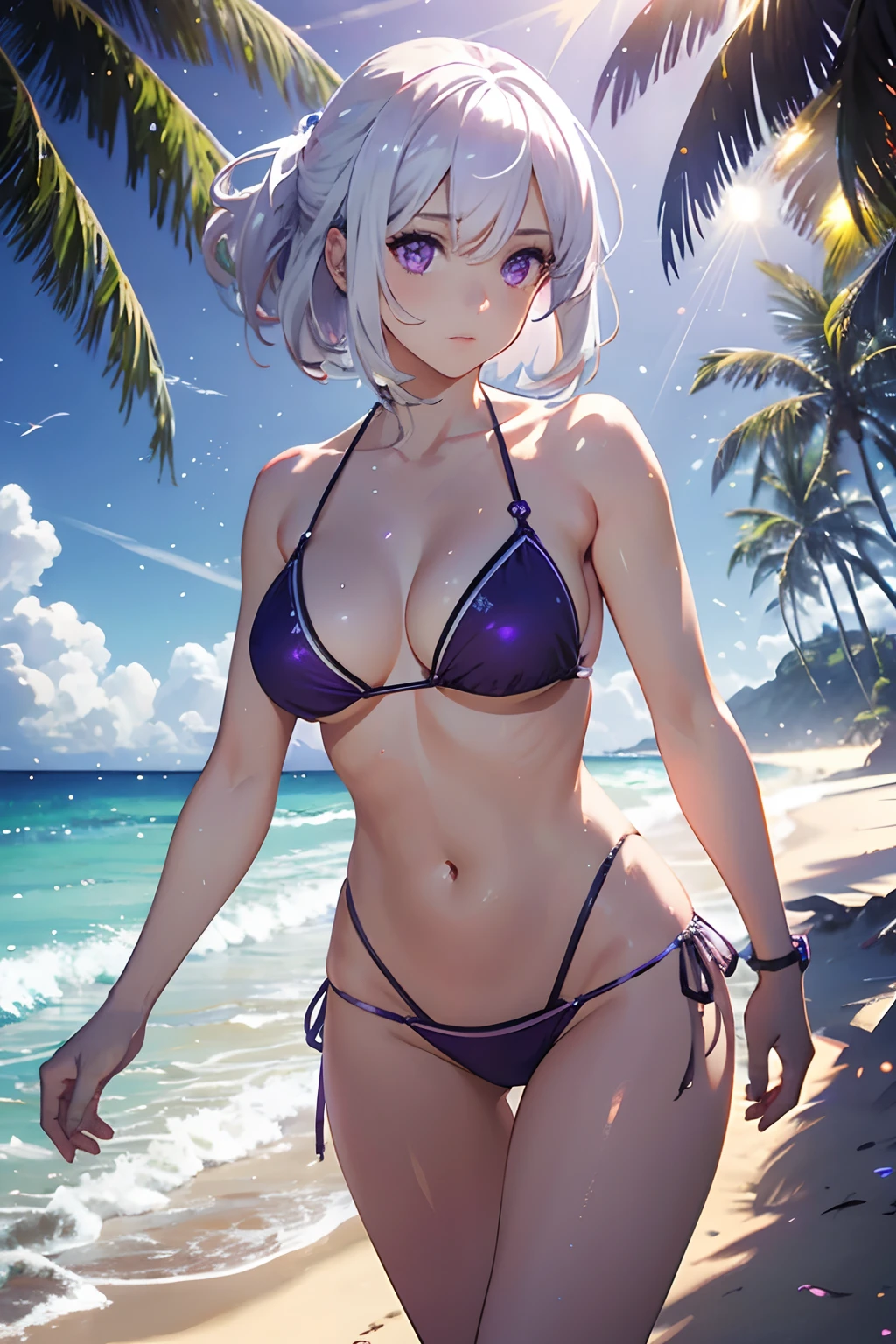 realistic, 1girl, white hair, purple eyes, bikini, beach, light particles, light rays, wallpaper,