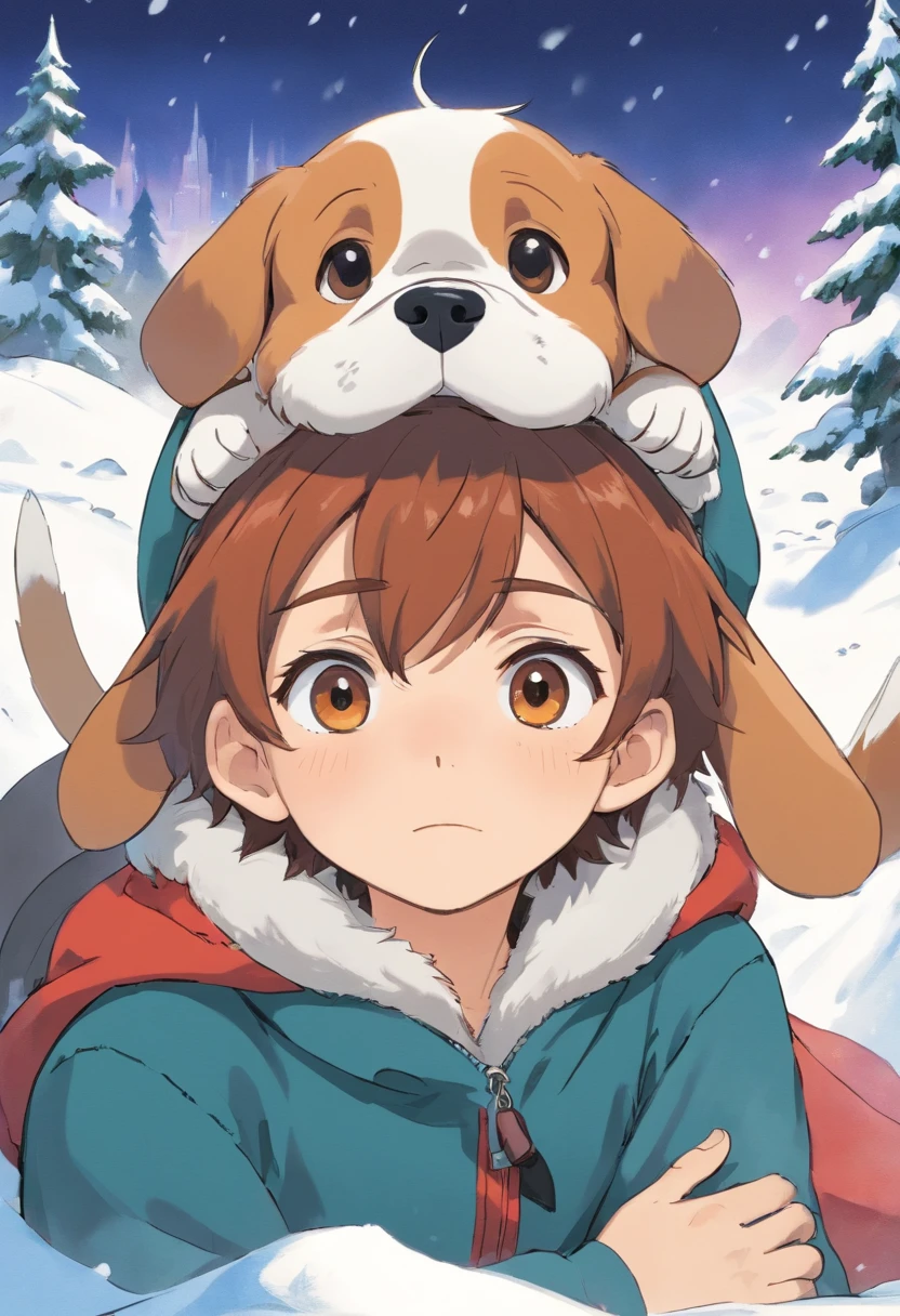 a boy,There are two Beagle ears on the head,Lying in the snow,Sad-looking expression,There are scars on the neck,Q version,Simple lines