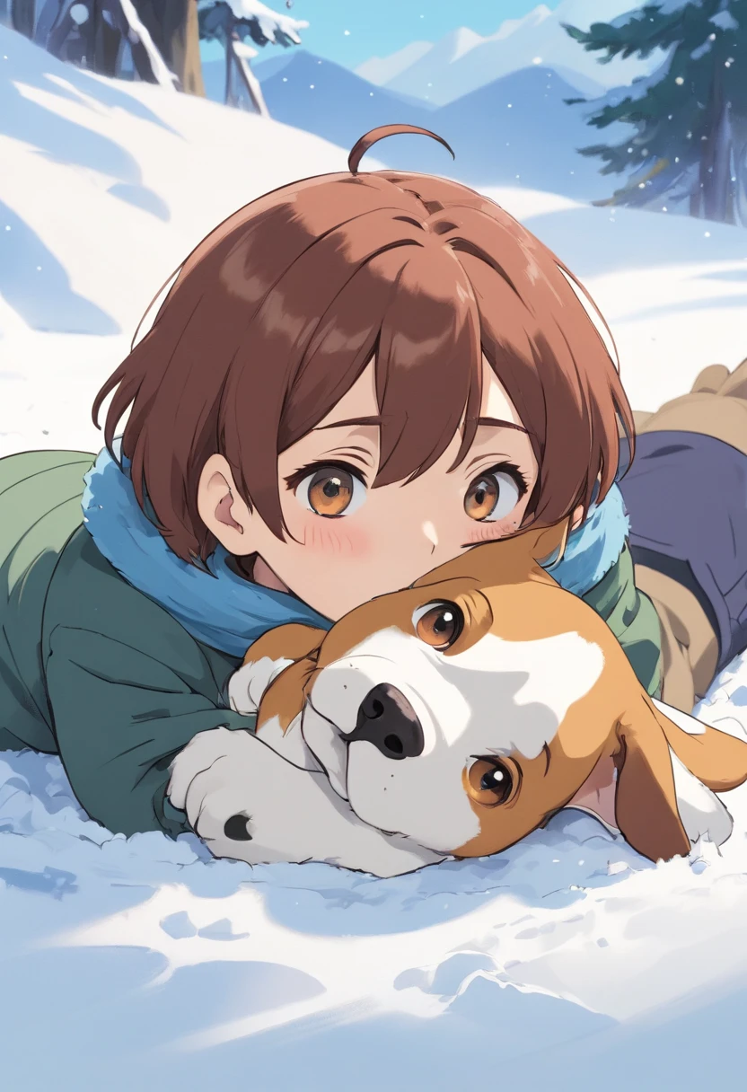 a boy,There are two Beagle ears on the head,Lying in the snow,Sad-looking expression,There are scars on the neck,Q version,Simple lines