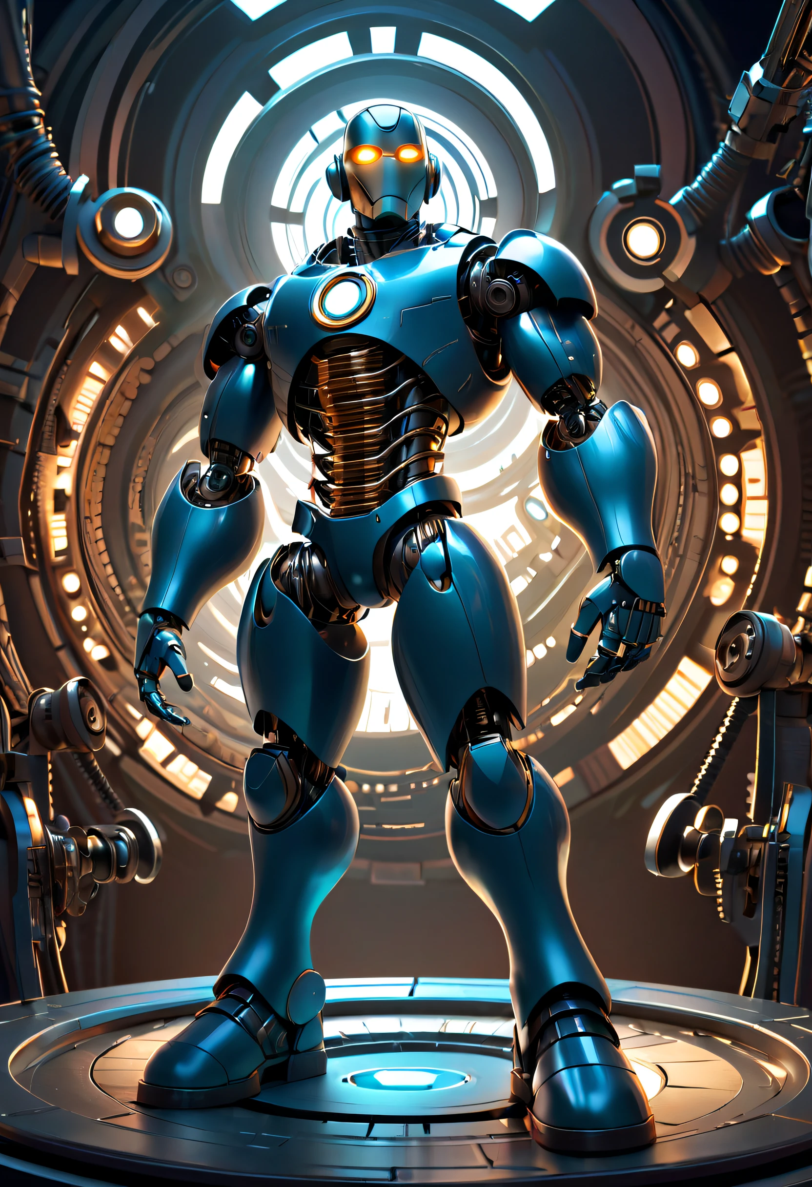 A detailed, high-quality digital artwork in a Pixar style featuring a Machine Man. The focus of the image is on the Machine Man's metallic body with intricate and realistic details. The Machine Man has a sleek and futuristic design with an array of gears, bolts, and mechanical parts. Its body reflects light, giving a sense of depth and texture. The colors are vibrant and playful, reminiscent of the signature Pixar style. The lighting in the scene is bright and evenly distributed, enhancing the clarity and visibility of the Machine Man's features. The background showcases a futuristic environment with advanced technology and machinery. The Machine Man is depicted in a dynamic pose, showcasing its strength and agility. The overall image quality is of the highest resolution and definition, allowing for fine details to be clearly visible. [dreamlike, vibrant colors, sci-fi elements:0.9, professional, digital illustration]