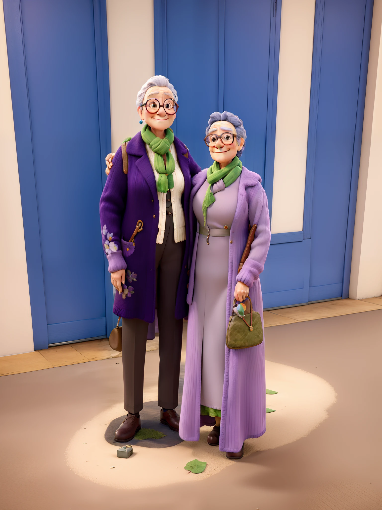 masterpiece, best quality, an old woman with glasses and a scarf on, wearing a purple coat and green scarf, standing at the park