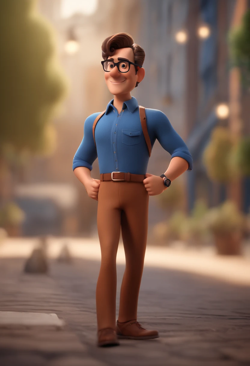 Cartoon character of a man with black glasses and a blue shirt, animation character, Caractere estilizado, animation style rendering, 3D estilizado, Arnold Maya render, 3 d render stylized, toon render keyshot, Personagem 3D, Personagem 3D, 3d rendering stylized, 3 d character render, personagem de desenho animado, Personagem de close up, Pose de personagem, (Estilo Pixar) (master part:1.2) (Bokeh) (best quality) (pele detalhada) (textura detalhada) (8k) (argila) (Cinematic lighting) (foco nítido