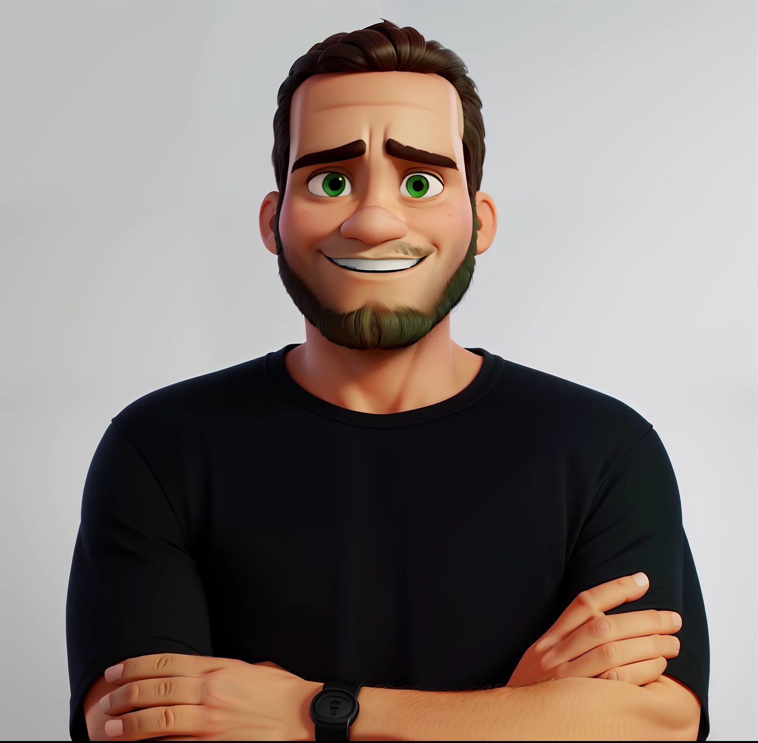 Pode melhorar ,barba mais rala, olhos verdes claros ,camisa preta , Crossed arms Disney Pixar style best quality, maior qualidade.
