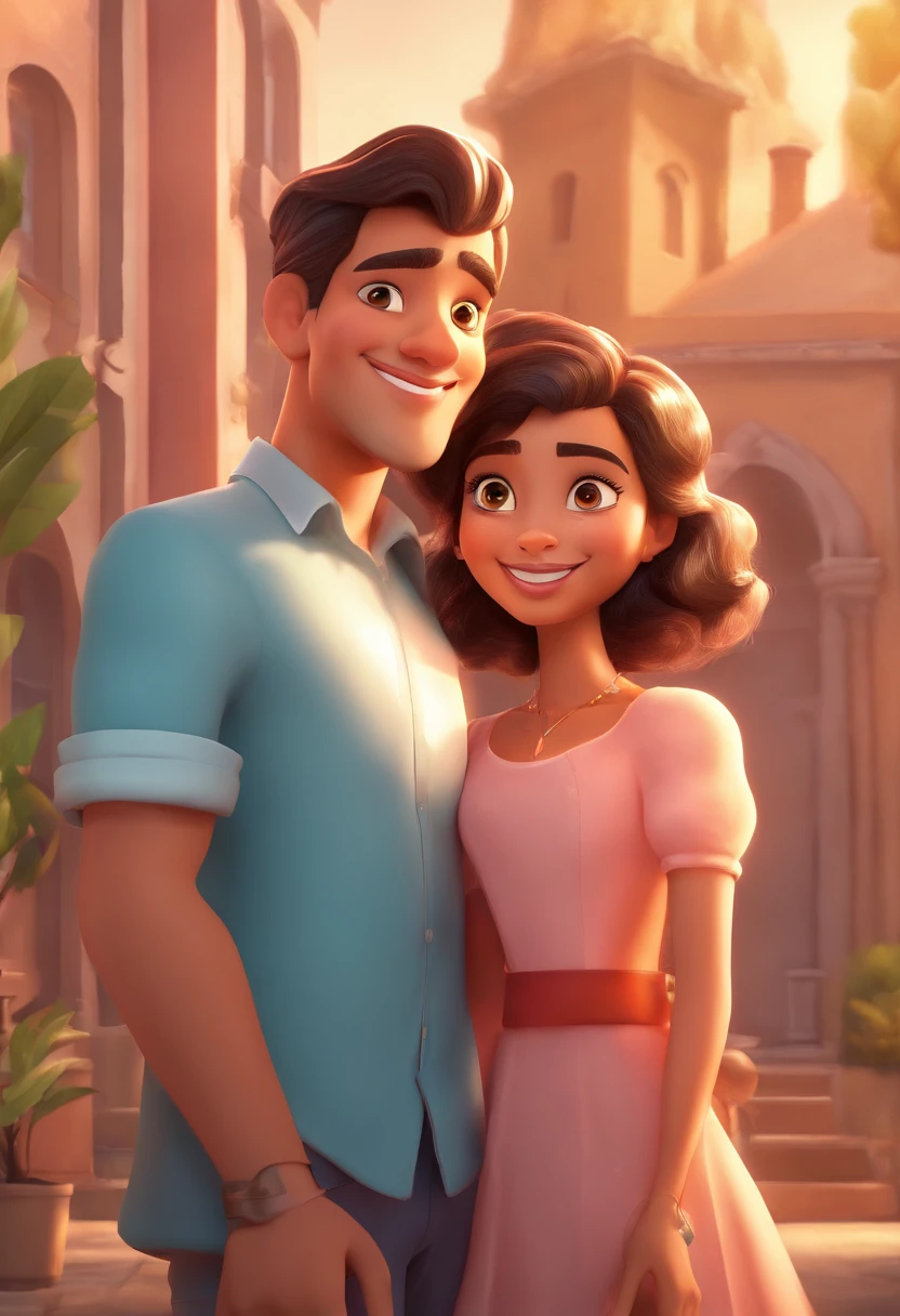 An illustration of an adorable couple, destacando um homem e uma mulher com bonito, Expressive eyes – the man's skin is black and the man's hair is bald and black, while the woman's skin is black and the woman's hair is curly and brown. They are a bright room, cada um com um sorriso no rosto, e compartilhar um momento especial caracterizado pelo amor, arroz, e insights educacionais. Illustrate this scene from a perspective where they are facing away from the camera, Showing Your Connection. Desenvolva esta arte em Full HD, Focus on your cinematic touch, Estilo Disney Pixar Animations