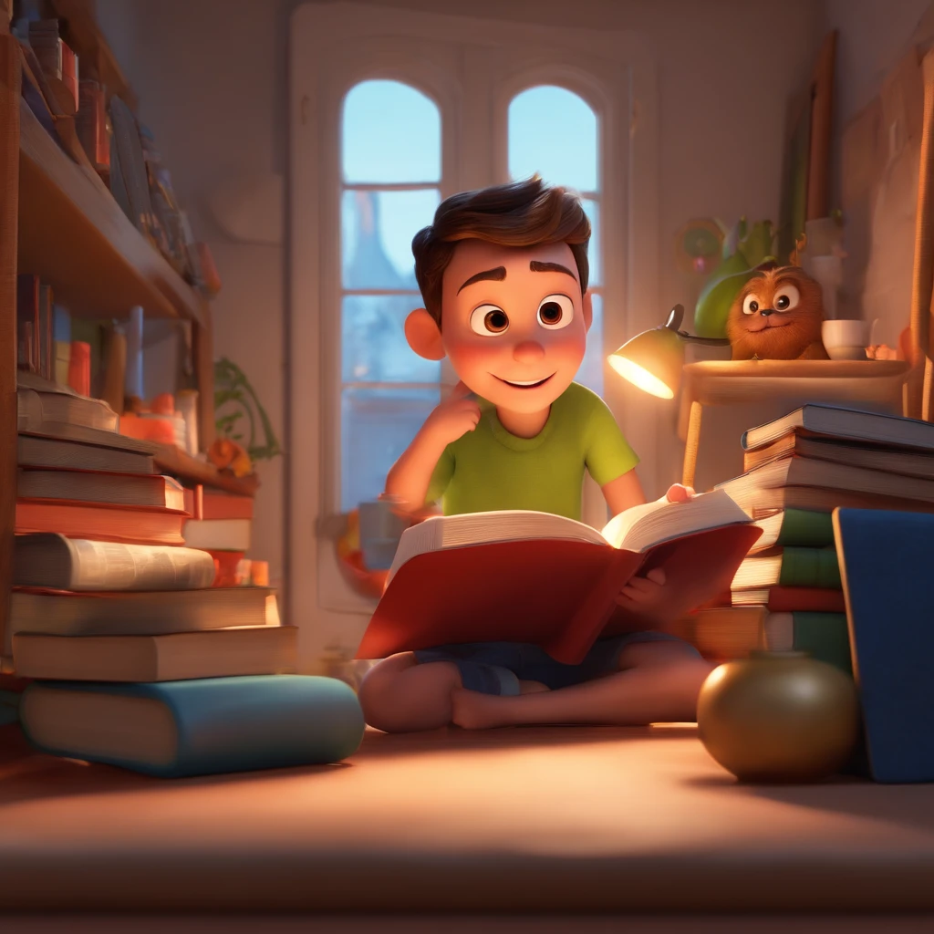 fundo branco, pixar desenhos animados 3D, homem lendo um livro, ::estilo pixar cartoon