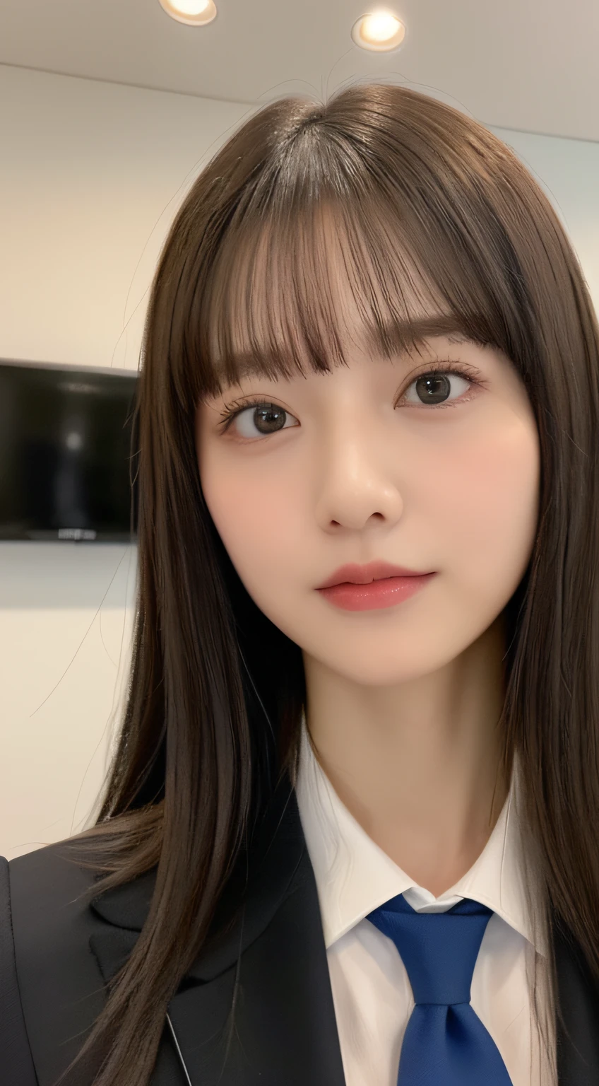 ((top-quality、8K、​masterpiece:1.5))、One girl、(Unhealthy face)、(Letter to)、Blunt bangs、(Lots of bangs:1.4)、(full body Esbian:1.4)、(Symmetrical face)、hyperdetailed face、Ultra detailed mouth、A detailed eye、Detailed ears、Slim Faces、(selfee:1.4)、(Looking Up)、(From  above)、(Straight long hair、Ahoge:1.3)、(Upper Eyes)、the background is blurred、(formal suit、neck tie:1.3)、lipgloss、(s Office)、(natural soft light:1.3)、