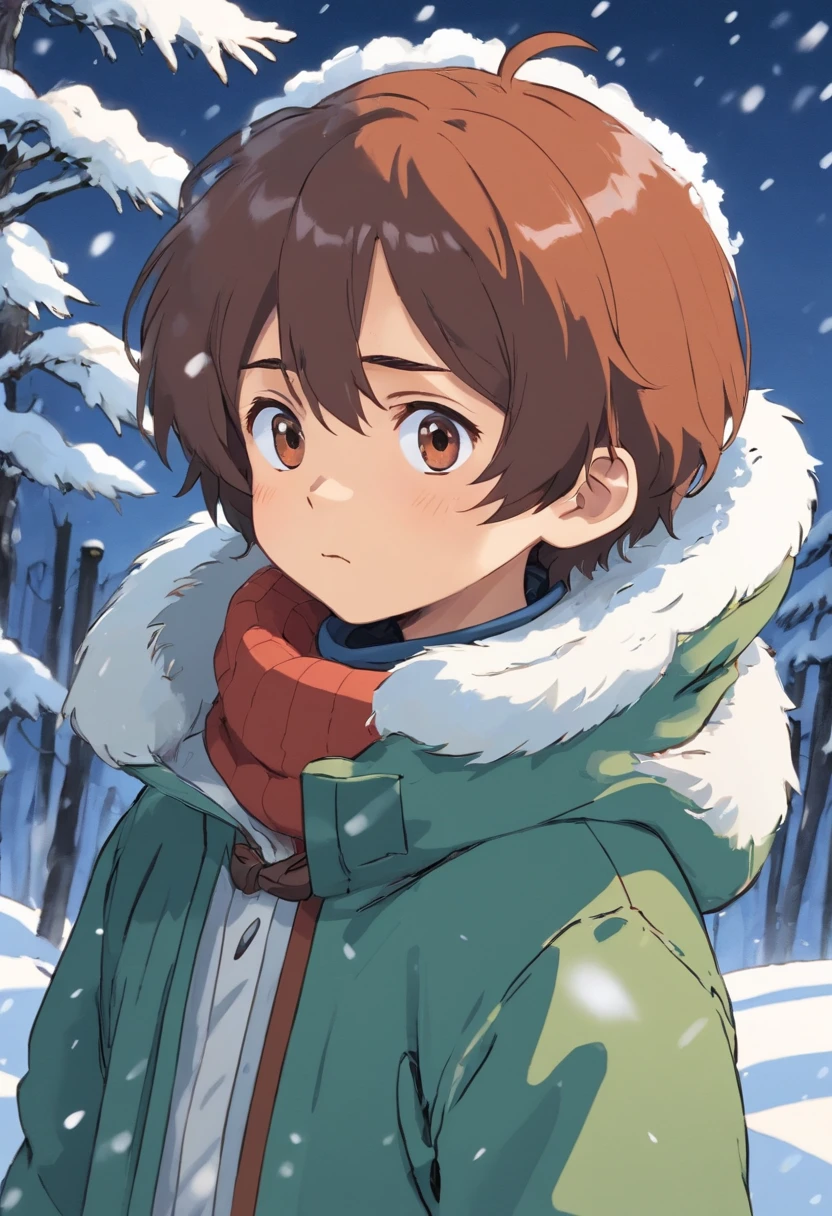 A young boy with,There are two Beagle ears on the head,Curl up in the snow,weeping,Sad-looking expression,There are scars on the neck,Q version,Simple lines