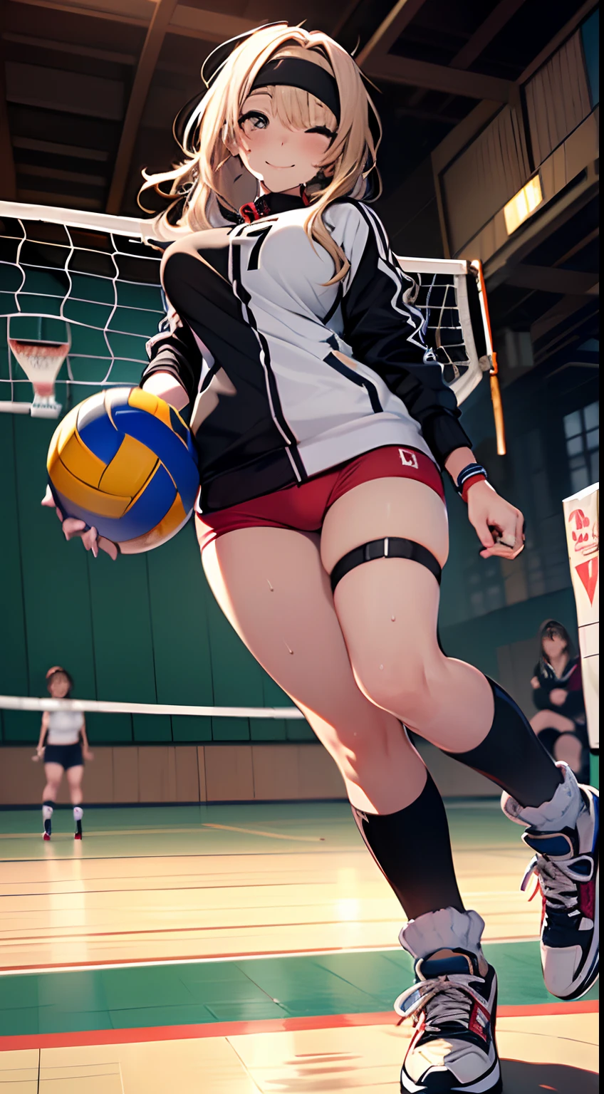 UHD, anatomically correct, 8k, (((masterpiece))), (((best quality))), (((ultra detailed))), (((high-resolution))), ((super fine illustration)), ((Ultimate cutie)), detailed beautiful face, solo, one girl, , potbelly, curvy, large breasts, Thick thighs, shiny hair, one eye closed, smile, (blush), BREAK, (((buruma))), (track jacket), headband, ((wrist bands)), ((kneepads)), (((loose socks))), (((leg warmers))), ((high top sneakers)), BREAK, ((Embrace the Beautiful spherical shape 6-inch volleyball with both hands)), ((hold the Beautiful spherical shape 6-inch volleyball in both hands)), ((sweat)), (perspired), (heavy breathing), sense of depth, in gymnasium, lighting, full body, from below, looking at viewers